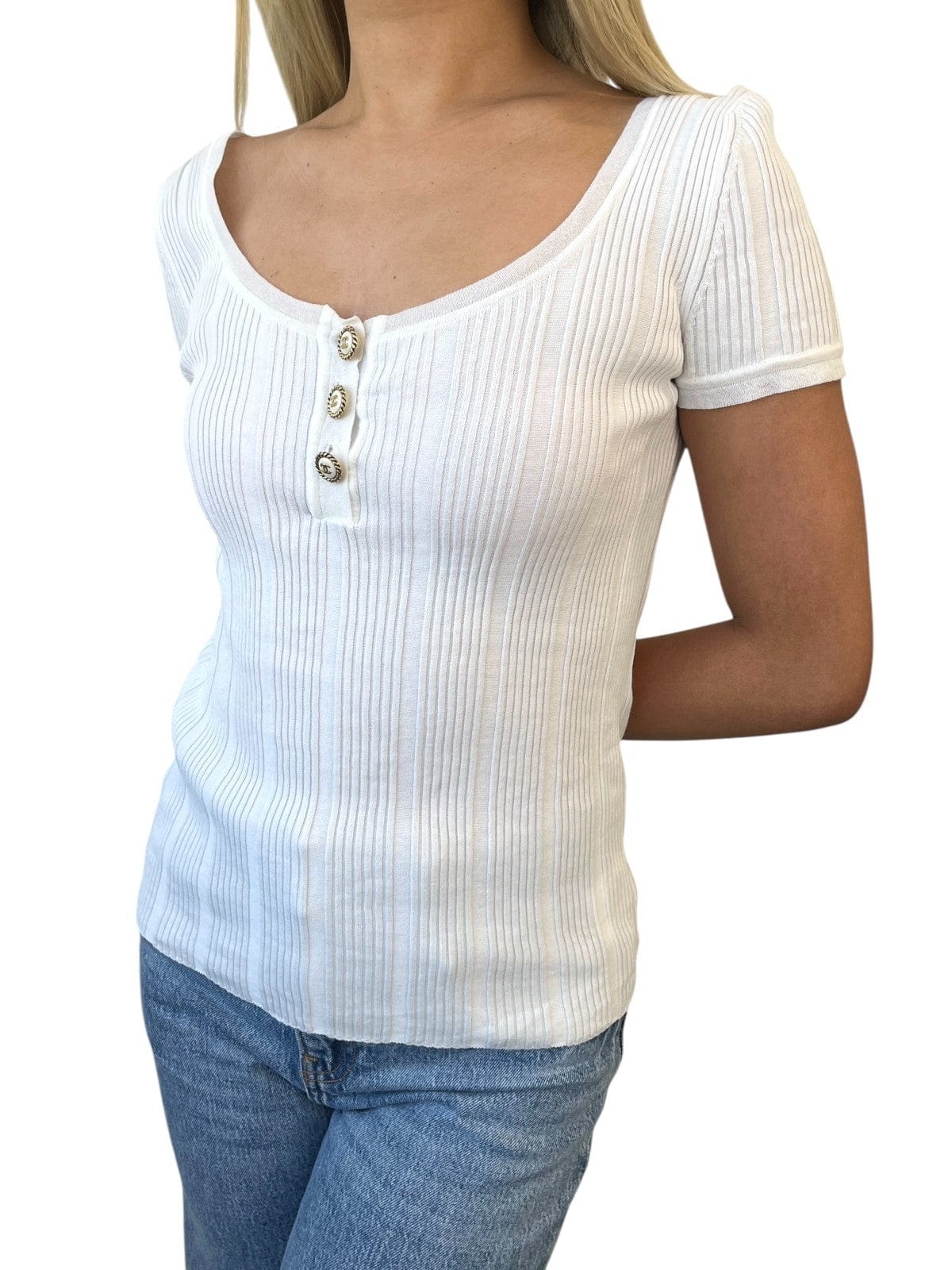 Luxury Promise CHANEL Vintage 07P CC Logo Knit Top Button Short Sleeve #38 White Gold Cotton
