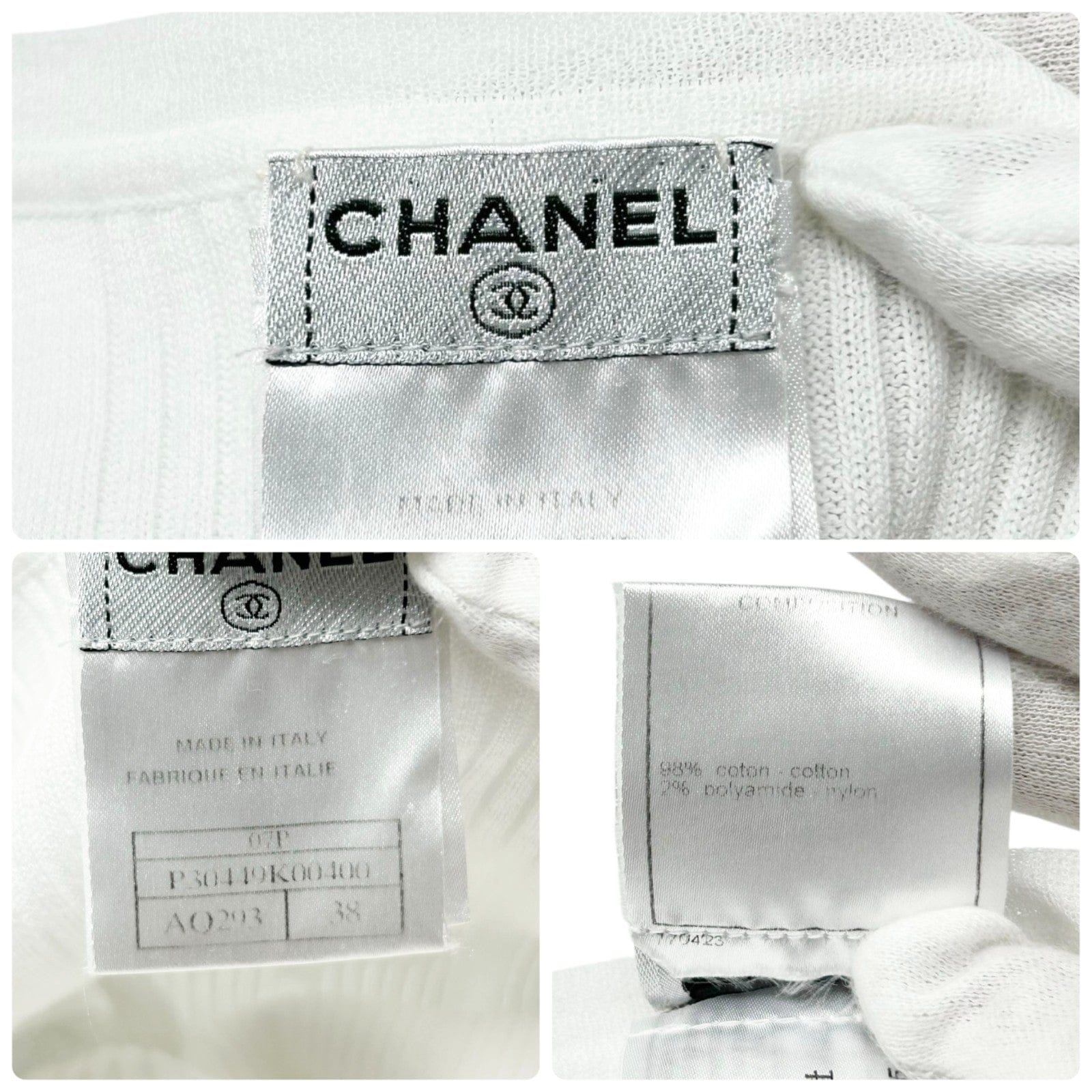 Luxury Promise CHANEL Vintage 07P CC Logo Knit Top Button Short Sleeve #38 White Gold Cotton