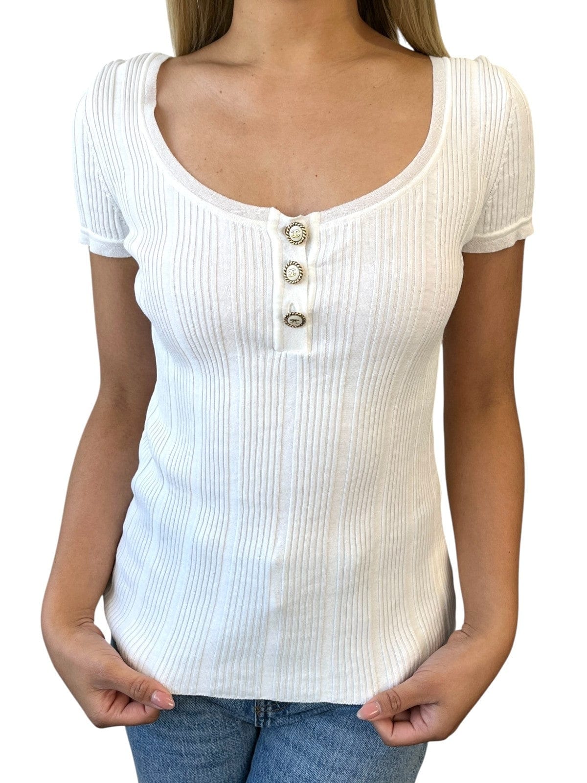 Luxury Promise CHANEL Vintage 07P CC Logo Knit Top Button Short Sleeve #38 White Gold Cotton