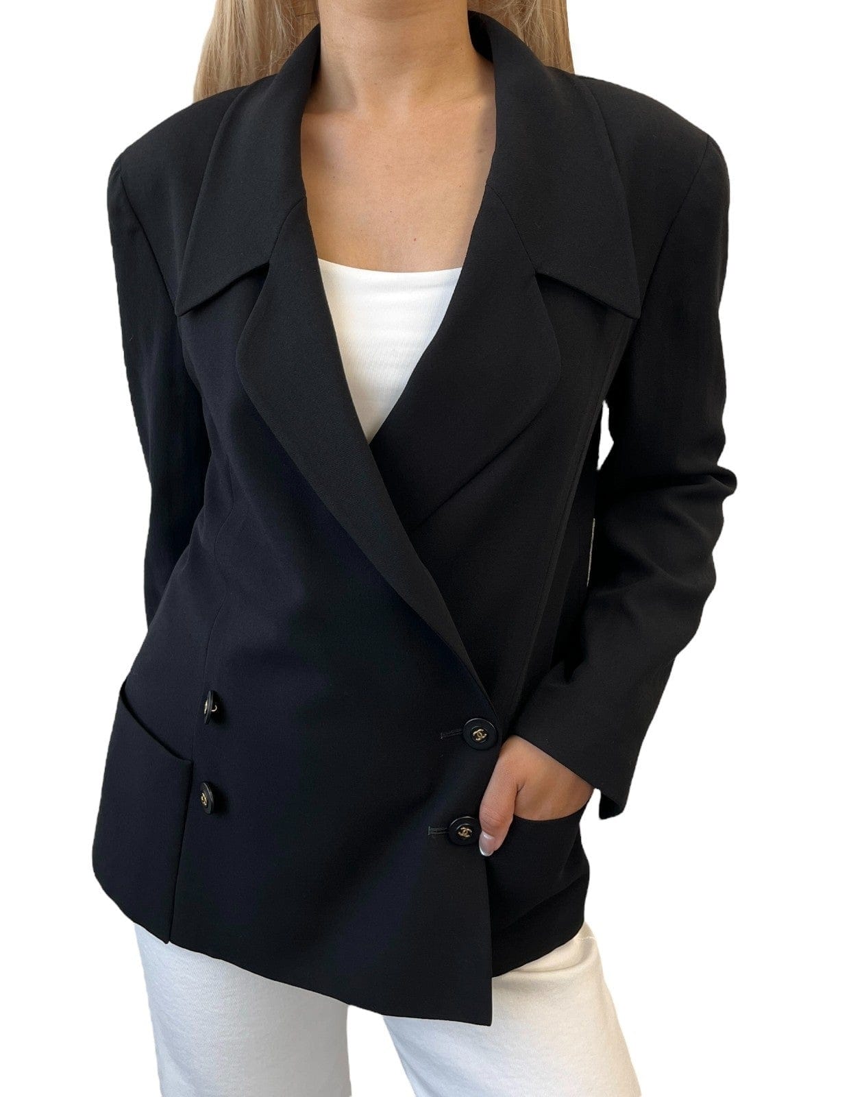 Luxury Promise CHANEL Vintage 94P CC Mark Logo Jacket Button Black Gold Long Sleeve Collar