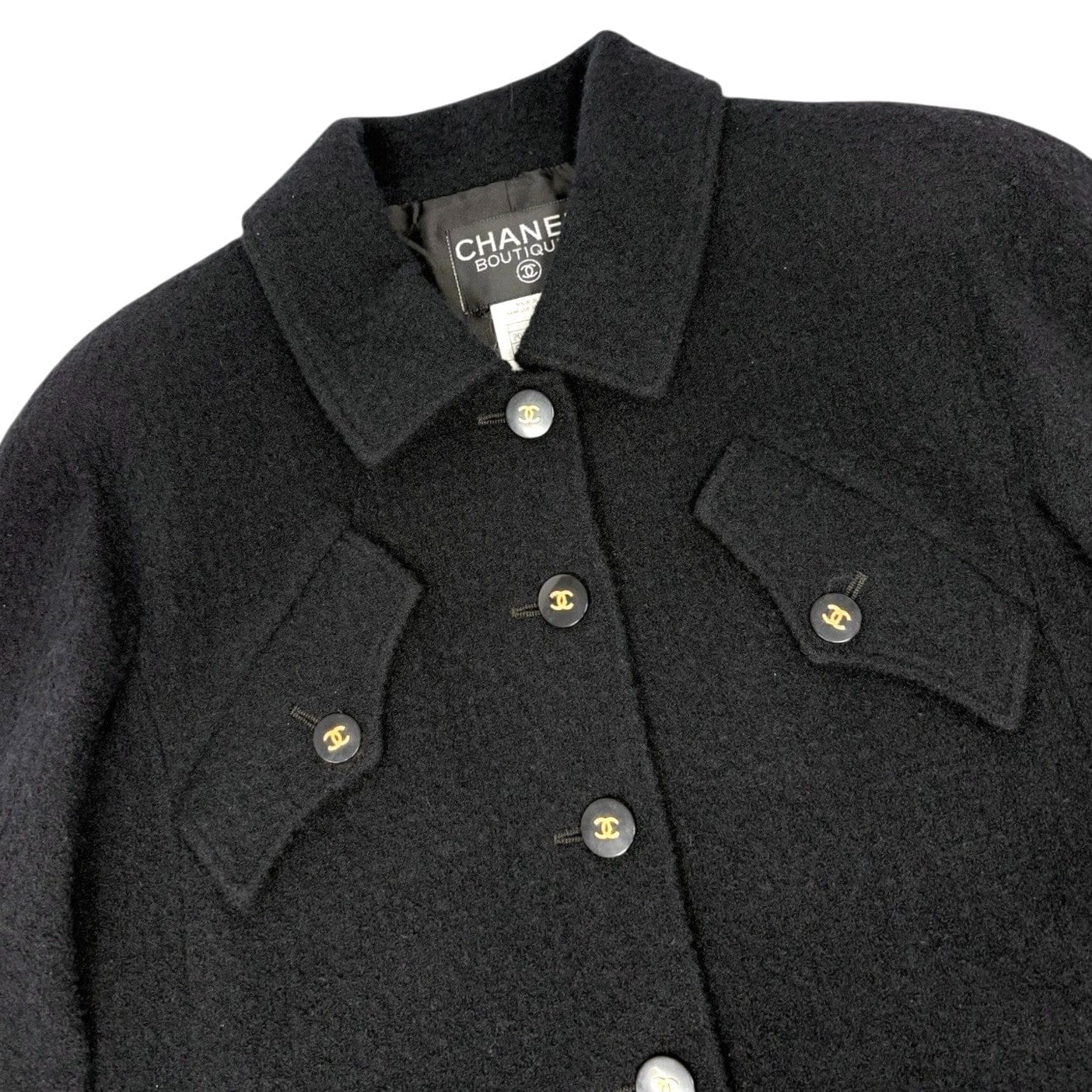Luxury Promise CHANEL Vintage 95A CC Mark Logo Jacket #38 Mohair Wool Black Gold Button