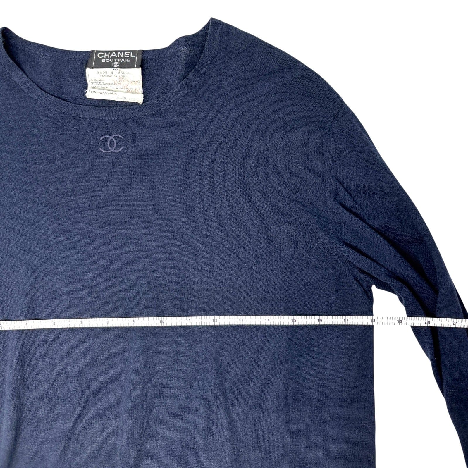 Luxury Promise CHANEL Vintage 95C CC Logo Knit Top #42 Sweater Dark Blue Long Sleeve Cotton