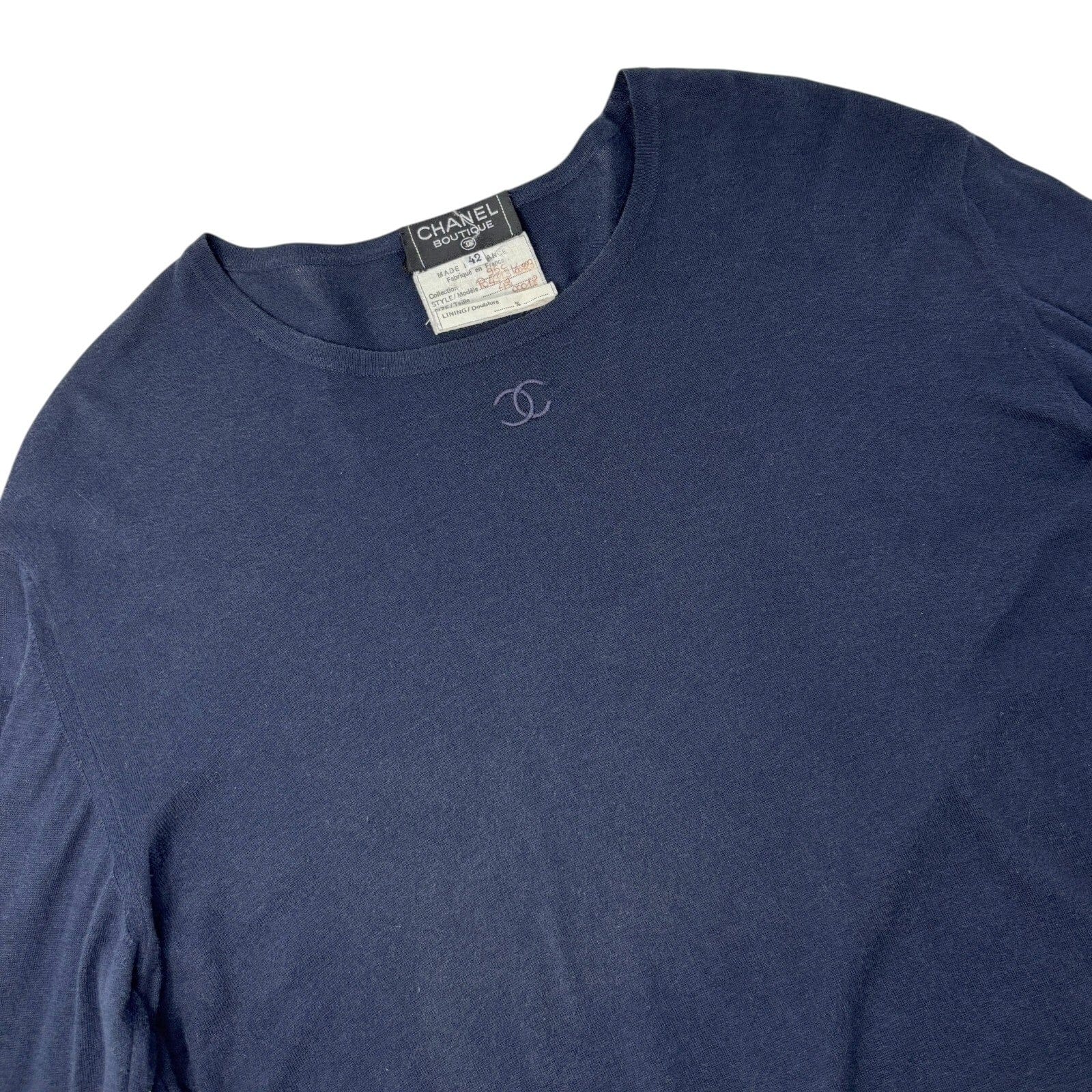 Luxury Promise CHANEL Vintage 95C CC Logo Knit Top #42 Sweater Dark Blue Long Sleeve Cotton