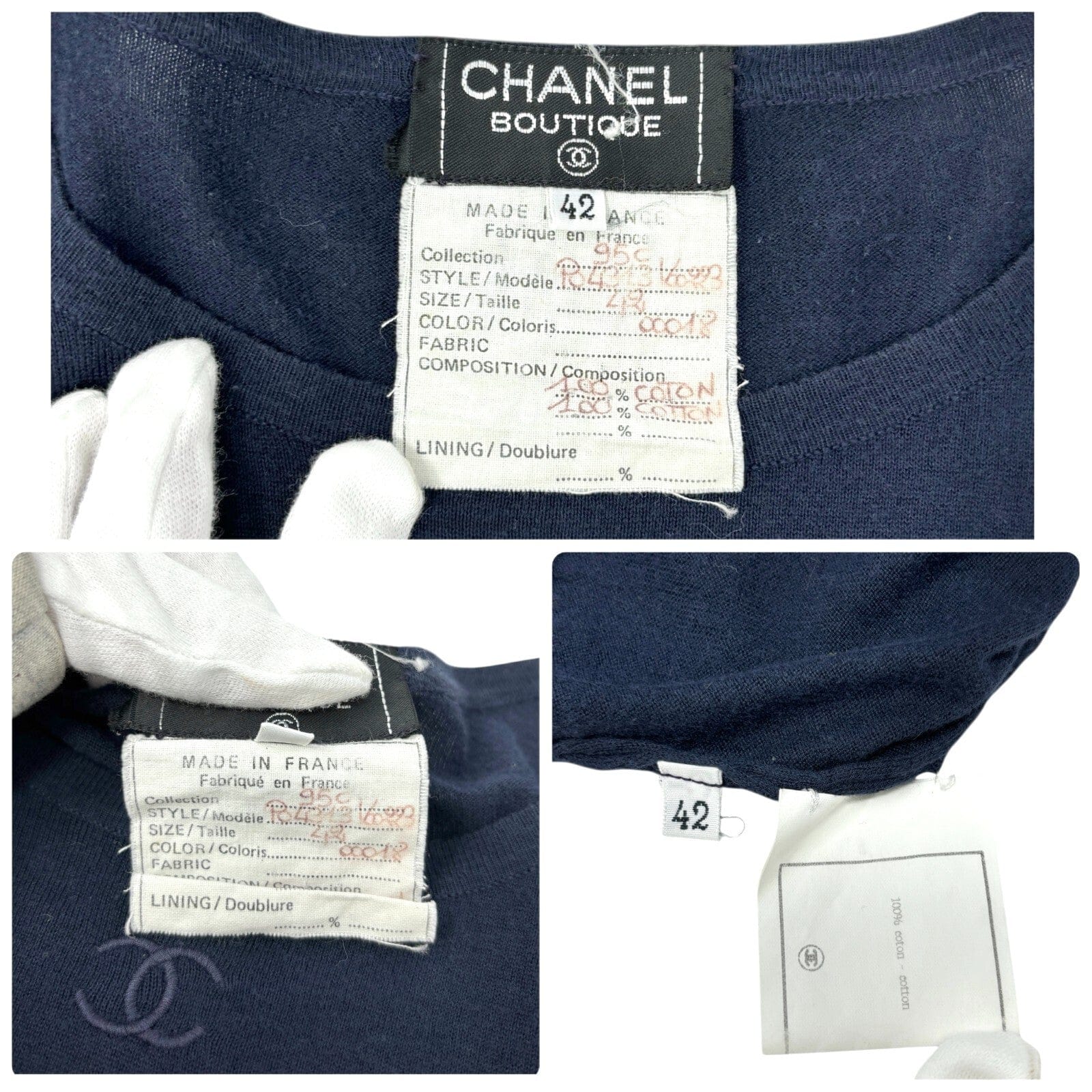Luxury Promise CHANEL Vintage 95C CC Logo Knit Top #42 Sweater Dark Blue Long Sleeve Cotton