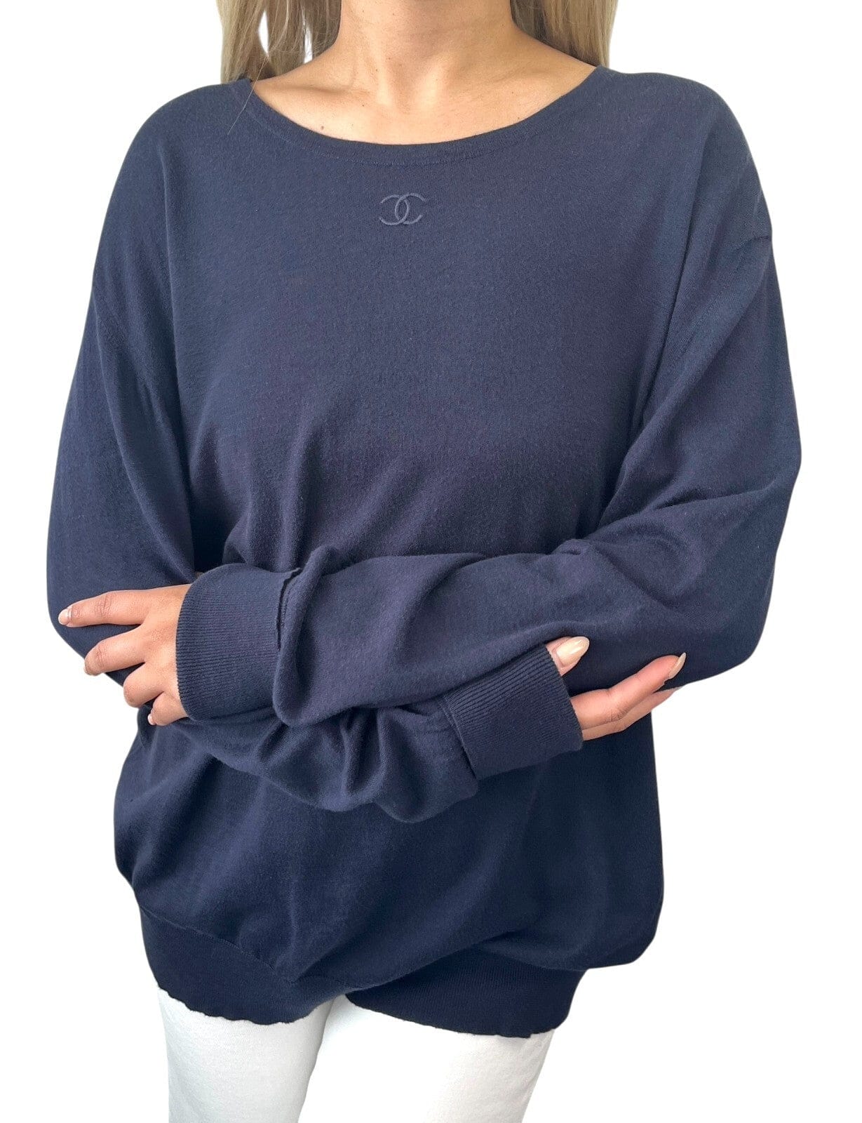 Luxury Promise CHANEL Vintage 95C CC Logo Knit Top #42 Sweater Dark Blue Long Sleeve Cotton