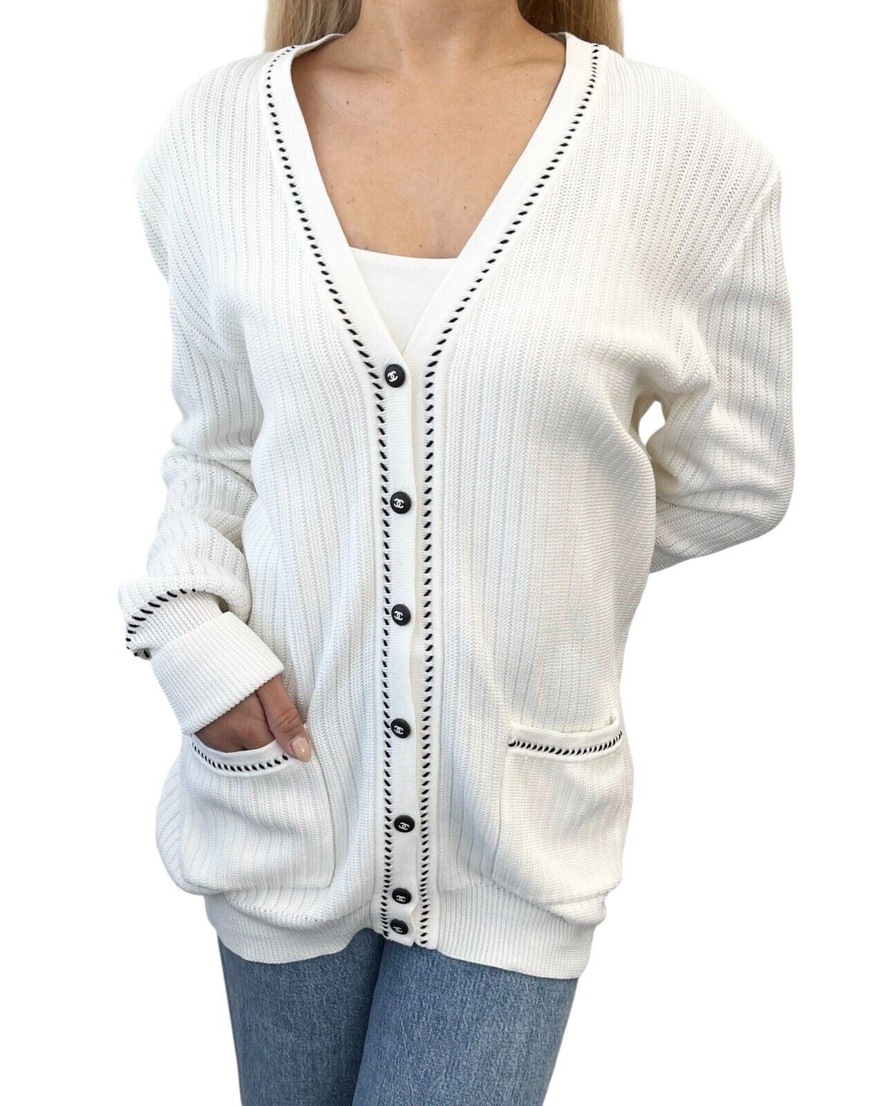 Luxury Promise CHANEL Vintage 96P CC Logo Cardigan Sweater Top #42 Button White Black Cotton