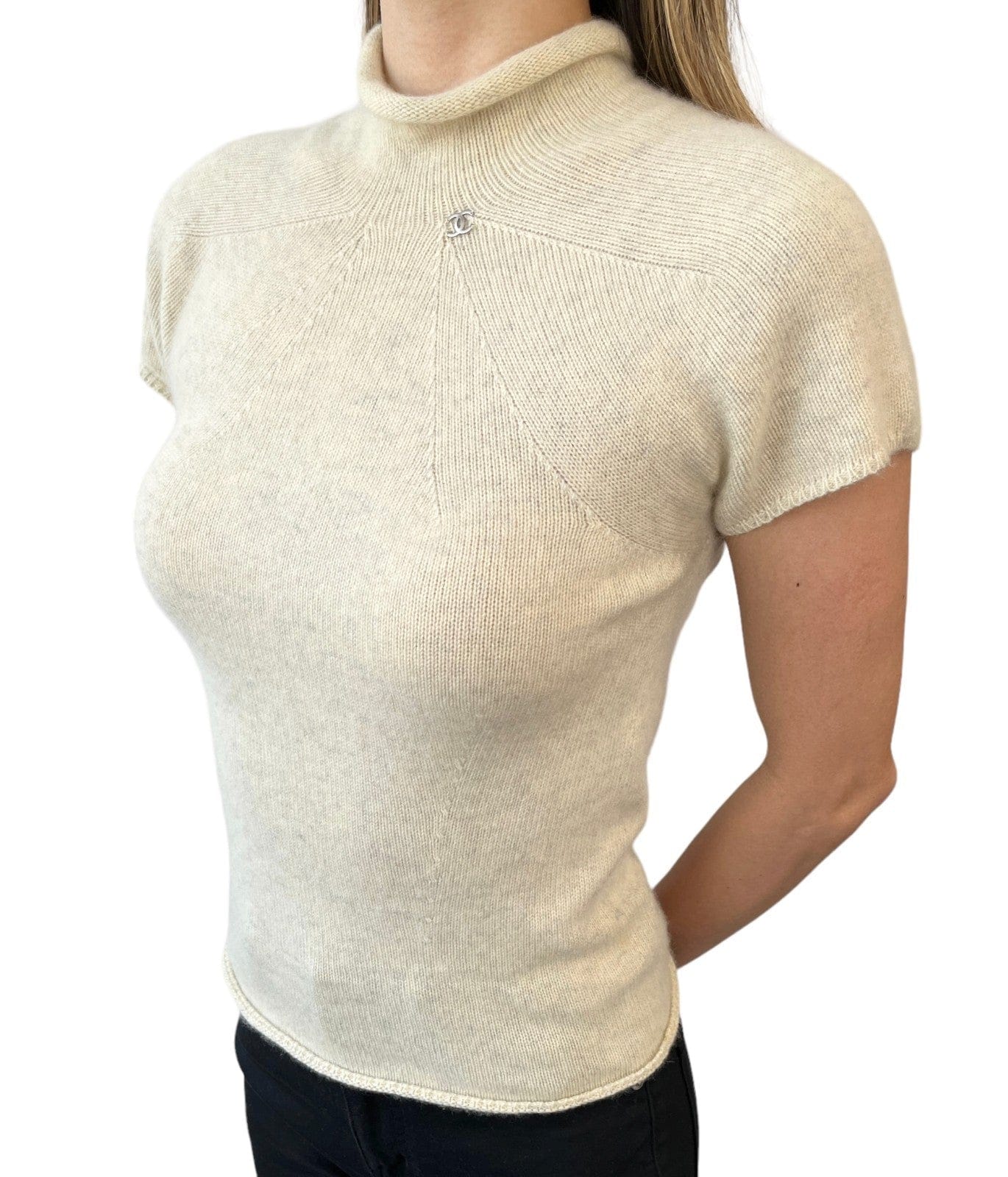 Luxury Promise CHANEL Vintage 99P CC Logo Turtleneck Knit T-shirt Top #42 Cream Cashmere