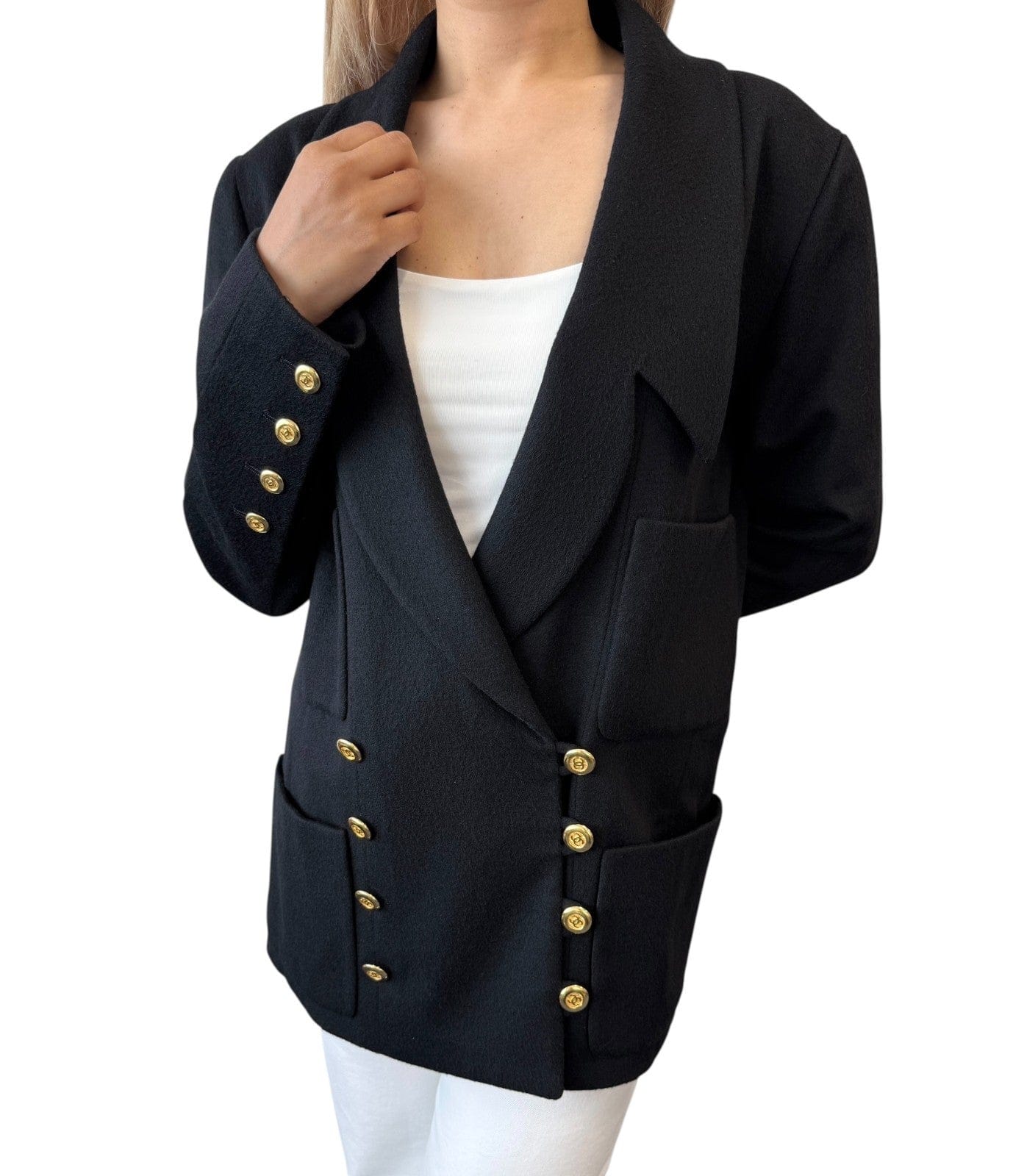 Luxury Promise CHANEL Vintage CC Mark Logo Jacket #38 Button Pocket Black Gold Cashmere