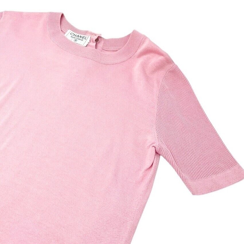 Luxury Promise CHANEL Vintage CC Mark Logo Knit Top T-shirt #36 Pink Gold Cotton Button