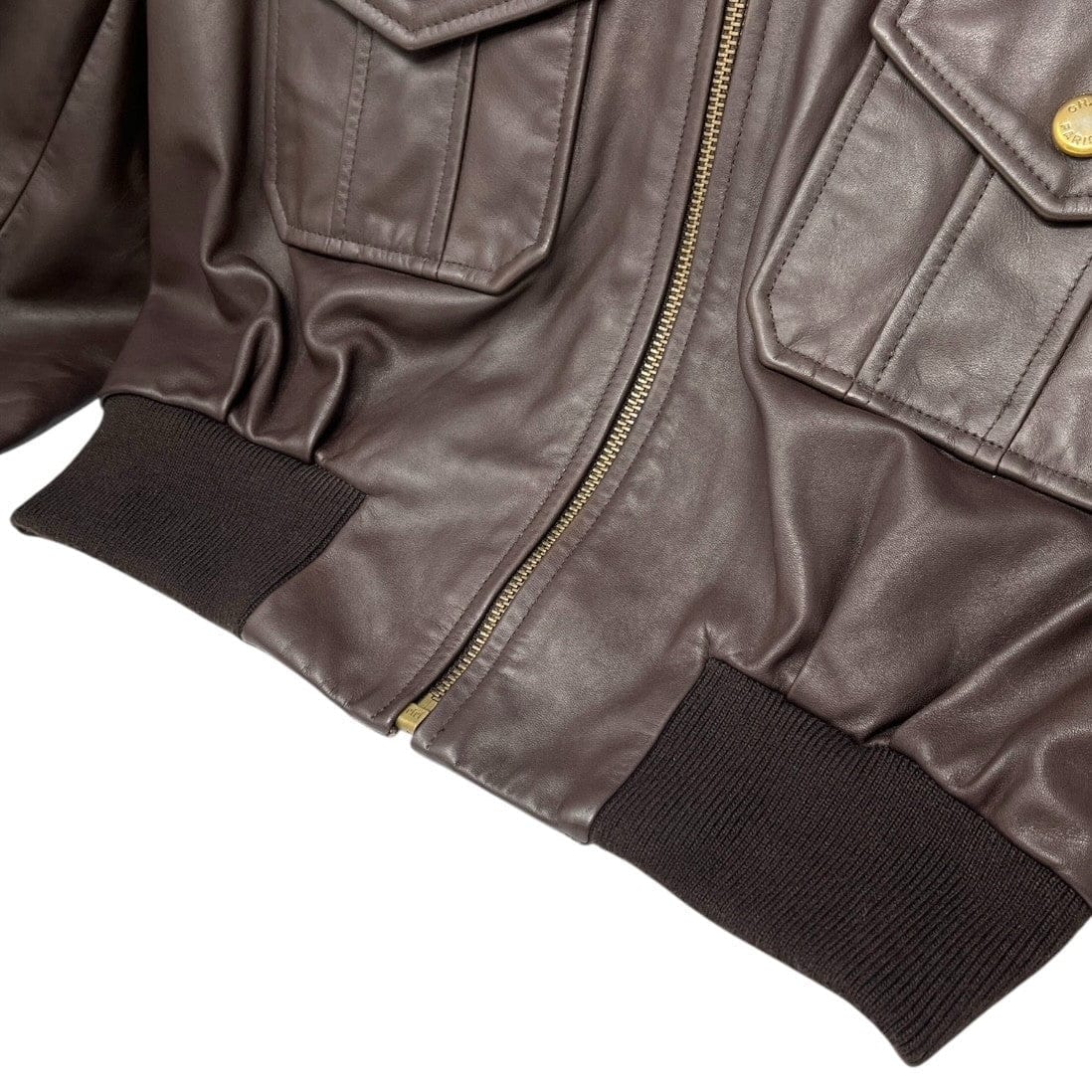 Luxury Promise CHANEL Vintage CC Mark Logo Leather Jacket Top #38 Brown Gold Silk Zip