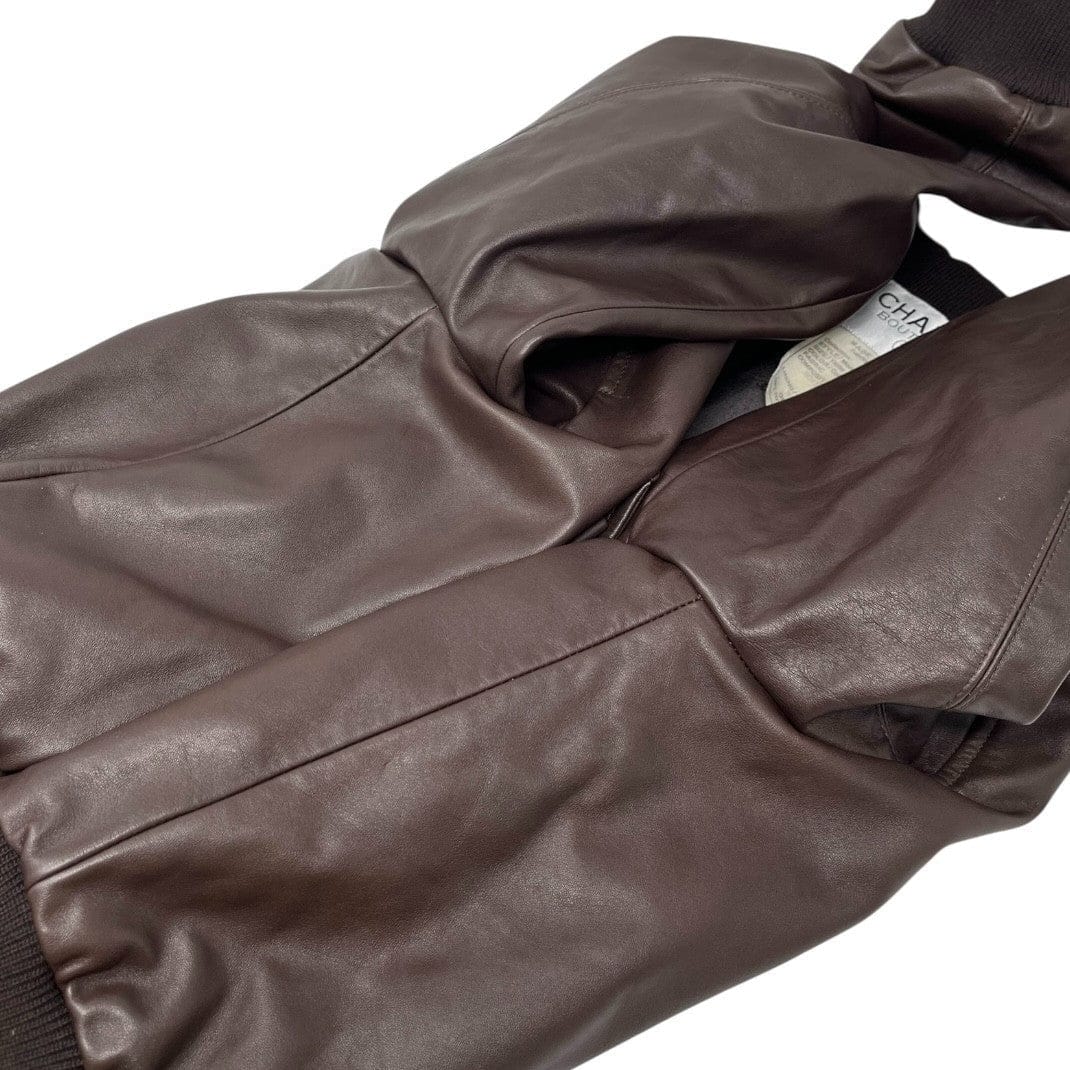 Luxury Promise CHANEL Vintage CC Mark Logo Leather Jacket Top #38 Brown Gold Silk Zip