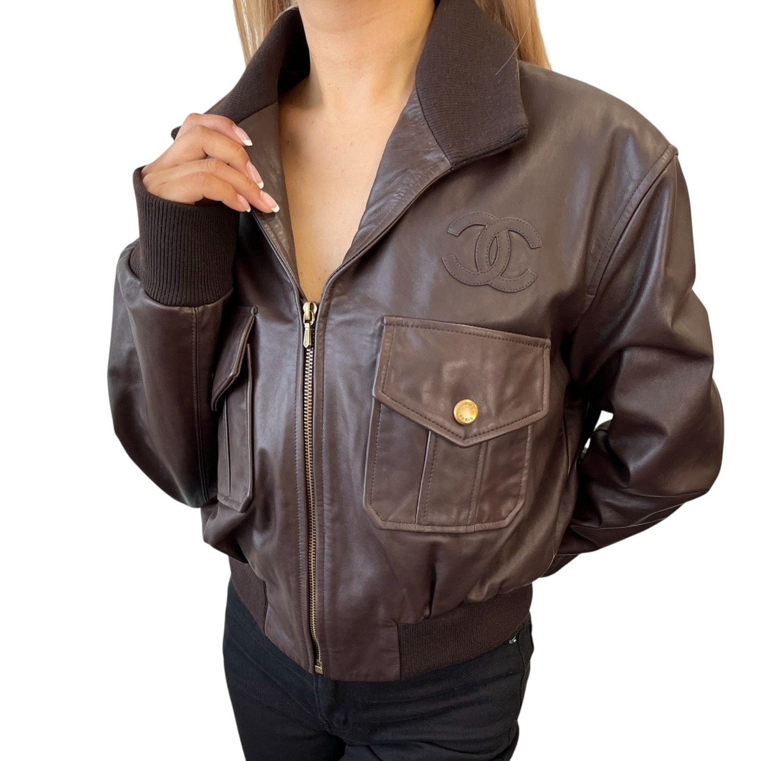 Luxury Promise CHANEL Vintage CC Mark Logo Leather Jacket Top #38 Brown Gold Silk Zip