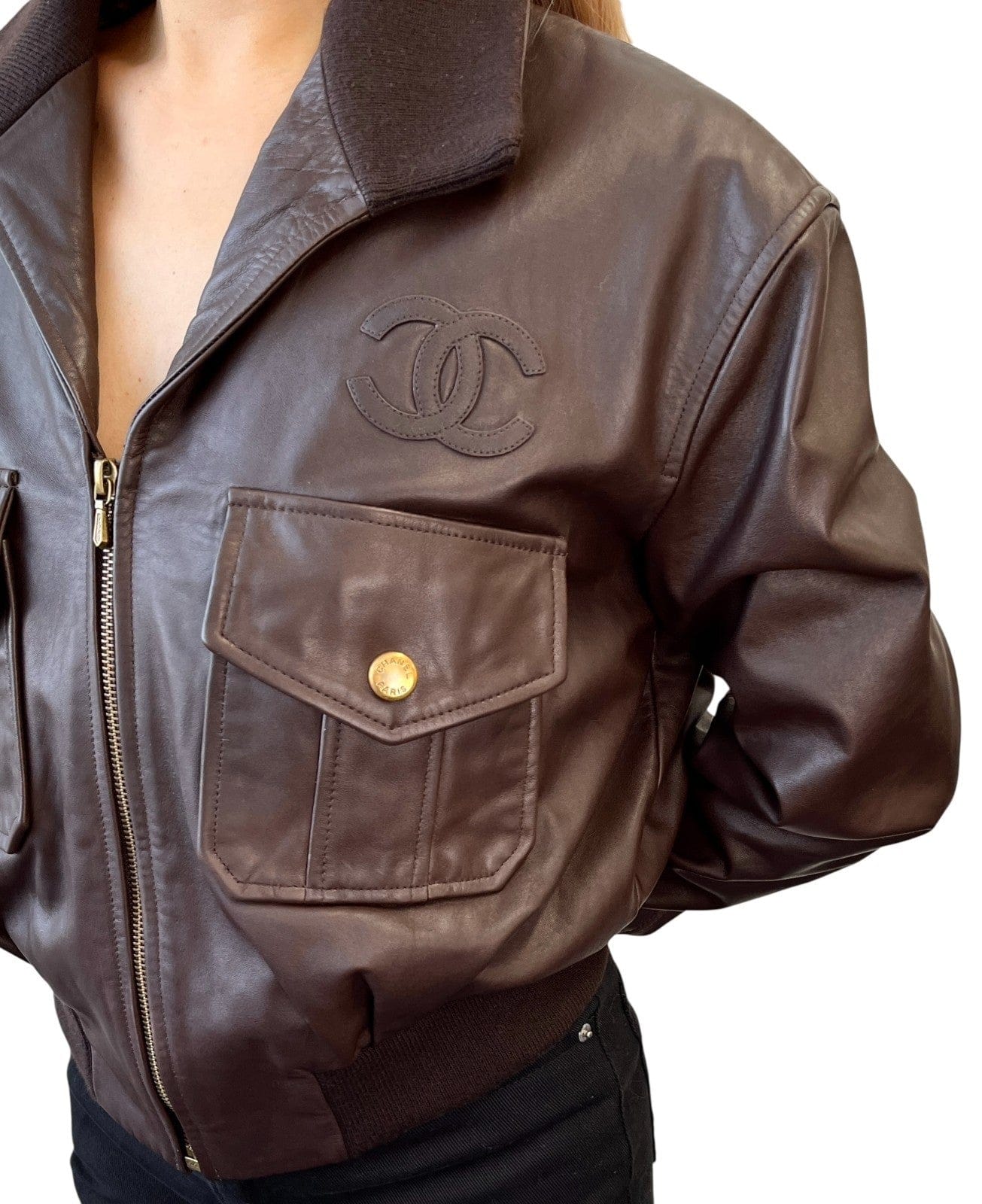 Luxury Promise CHANEL Vintage CC Mark Logo Leather Jacket Top #38 Brown Gold Silk Zip