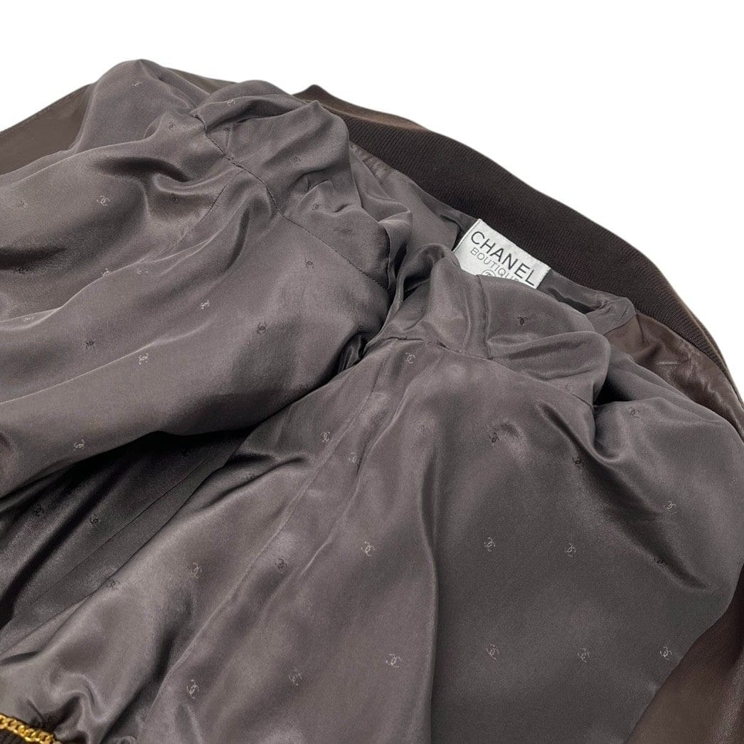 Luxury Promise CHANEL Vintage CC Mark Logo Leather Jacket Top #38 Brown Gold Silk Zip