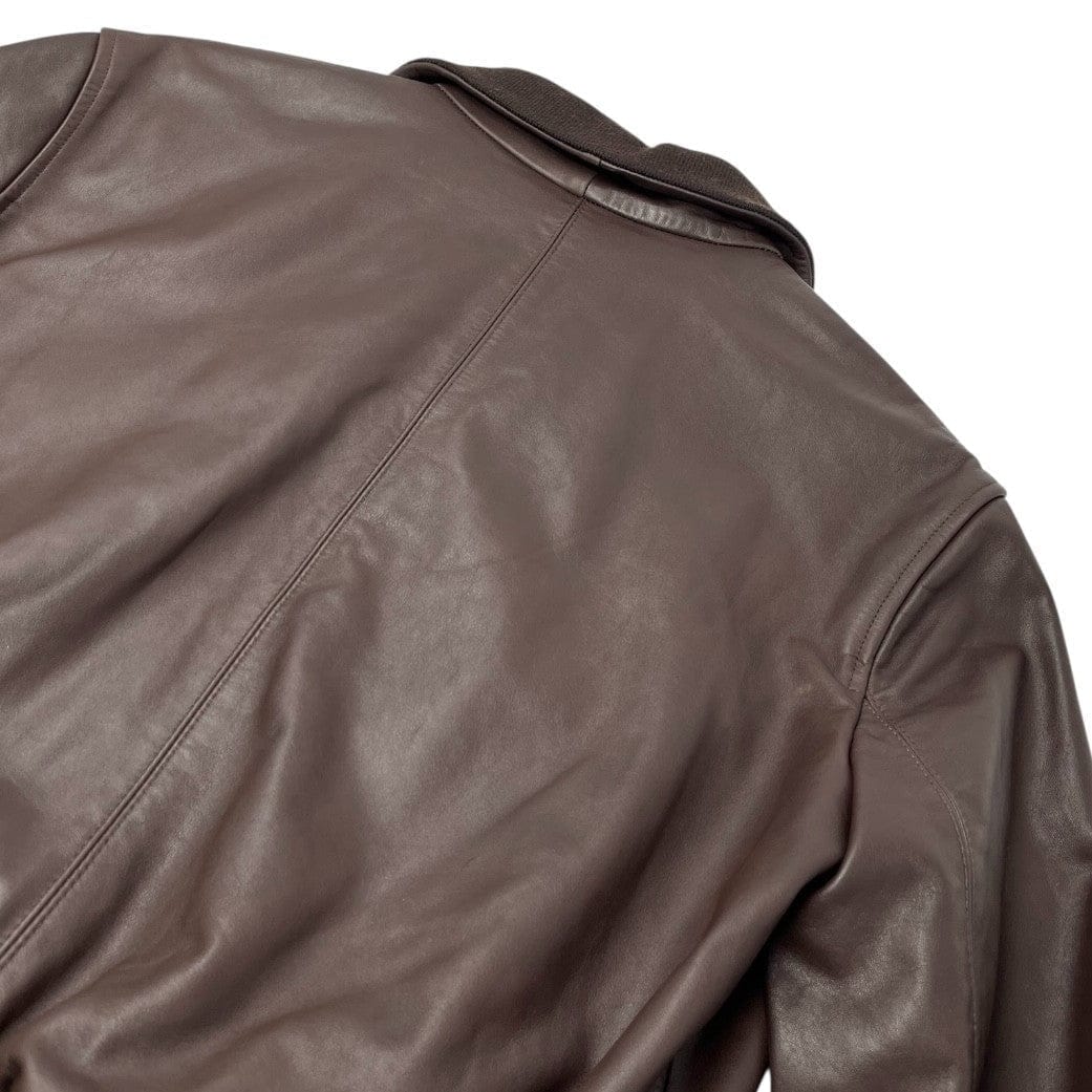 Luxury Promise CHANEL Vintage CC Mark Logo Leather Jacket Top #38 Brown Gold Silk Zip
