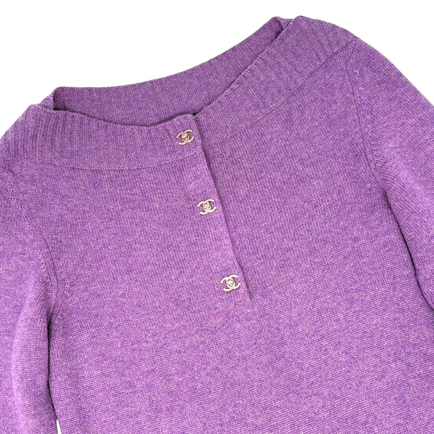 Luxury Promise CHANEL Vintage P44445 CC Turnlock Logo Sweater Dress #34 Cashmere Purple Silver