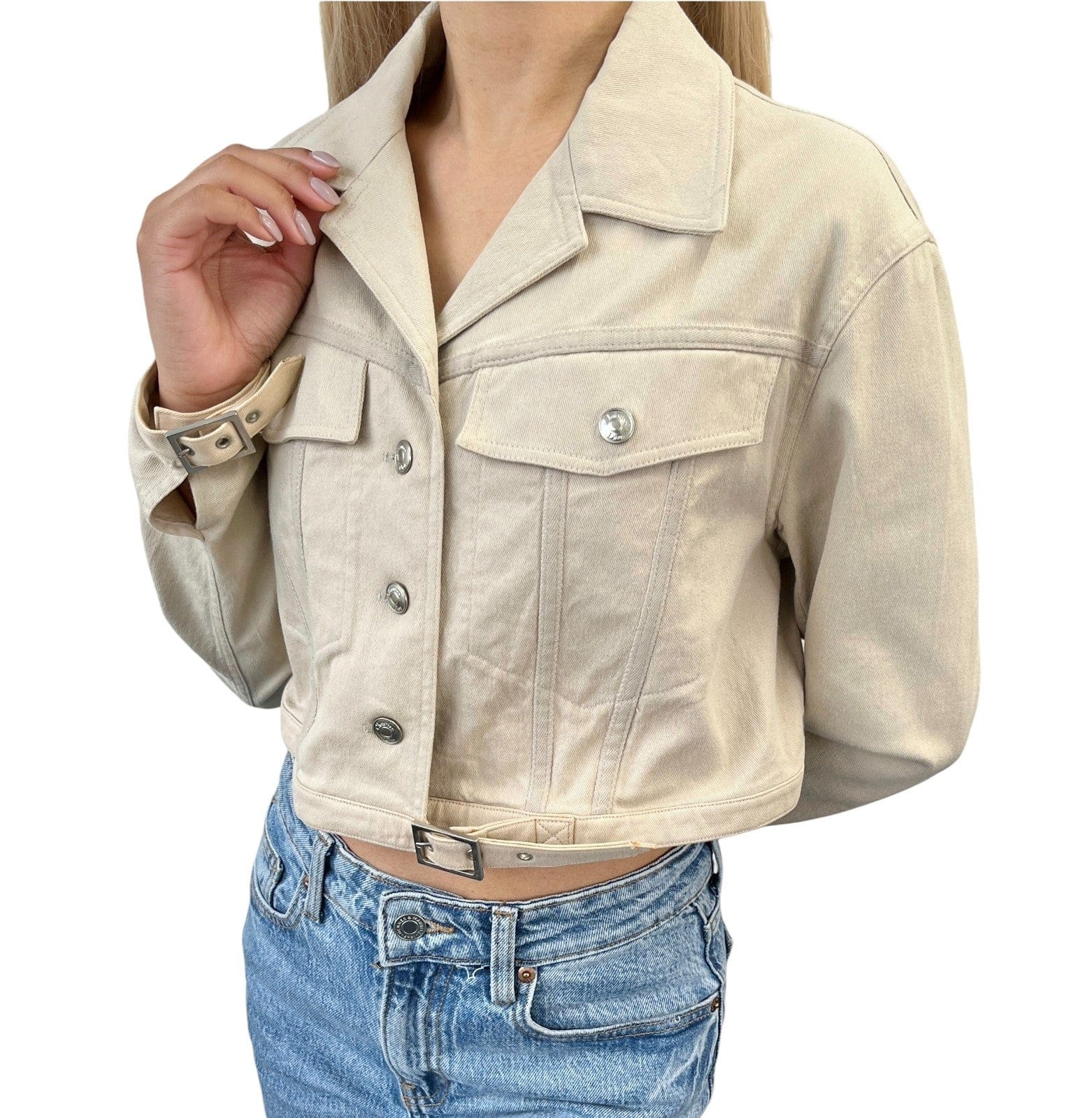 Luxury Promise Christian Dior Vintage 2001 Croped Denim Jacket #38 Beige Long Sleeve Cotton
