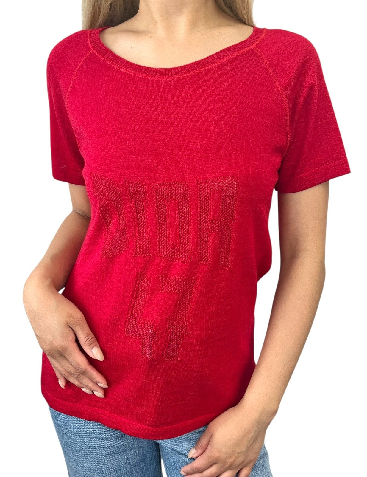 Luxury Promise Christian Dior Vintage 2005 Logo Knit Top #42 T-shirt Red Short Sleeve Mesh