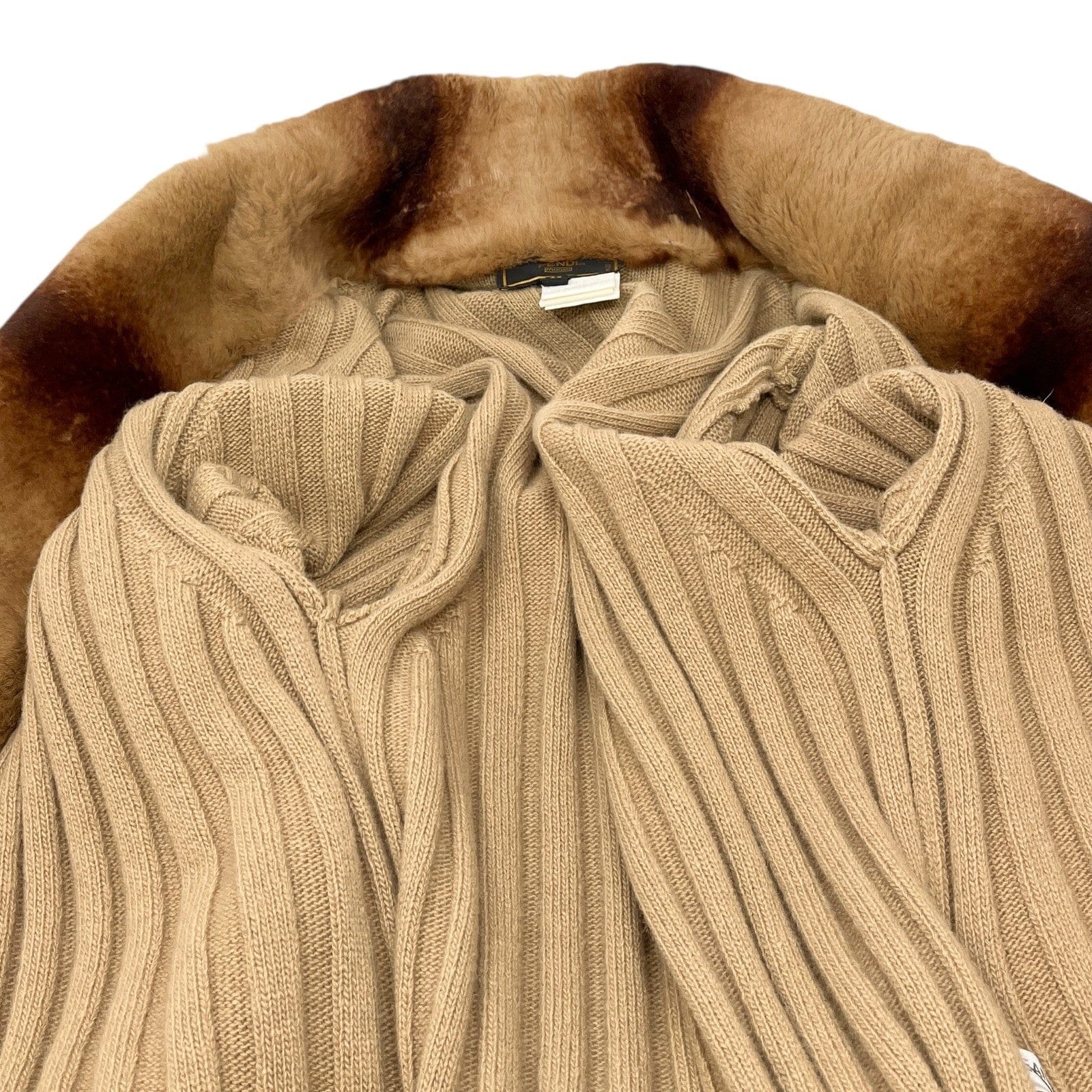 Luxury Promise FENDI Vintage Fur Knit Rib Jacket #44 Cardigan Sweater Beige Wool Cashmere