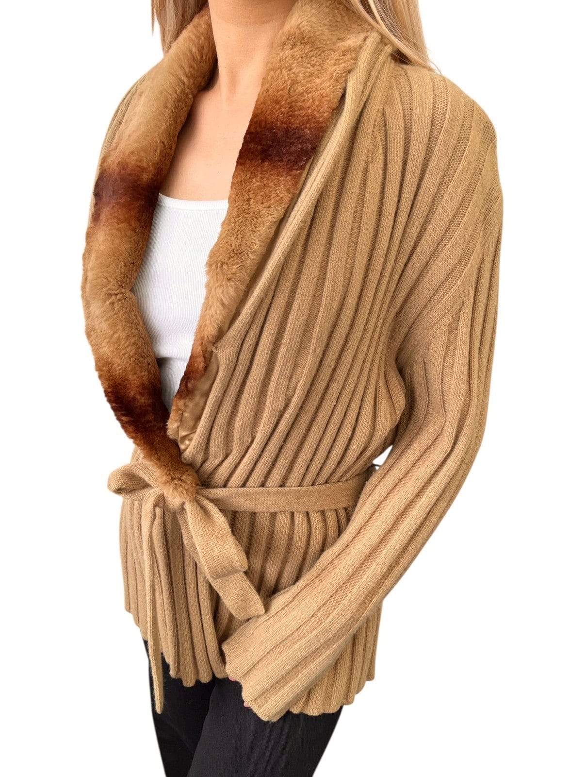 Luxury Promise FENDI Vintage Fur Knit Rib Jacket #44 Cardigan Sweater Beige Wool Cashmere