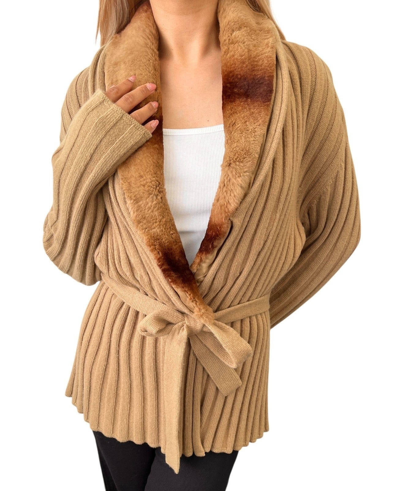 Luxury Promise FENDI Vintage Fur Knit Rib Jacket #44 Cardigan Sweater Beige Wool Cashmere