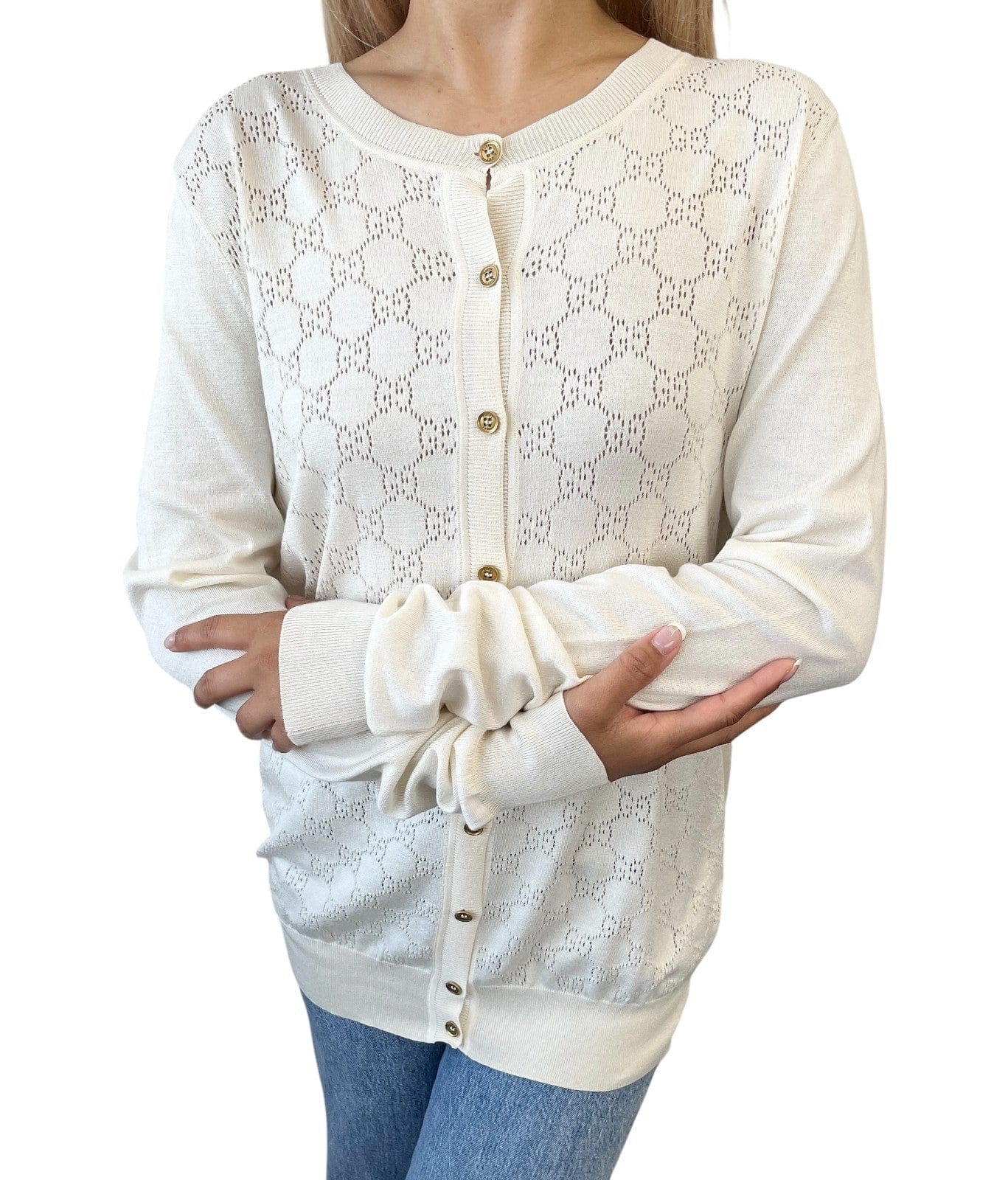 Luxury Promise GUCCI Vintage Cardigan Sweater Top #L Punching Cream Gold Silk Cotton Nylon