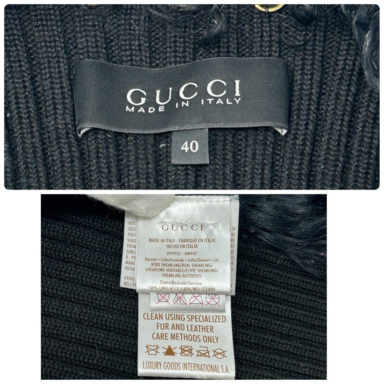 Luxury Promise GUCCI Vintage Horsebit Faux Fur Jacket Knit Vest #40 Black Gold Wool Zip