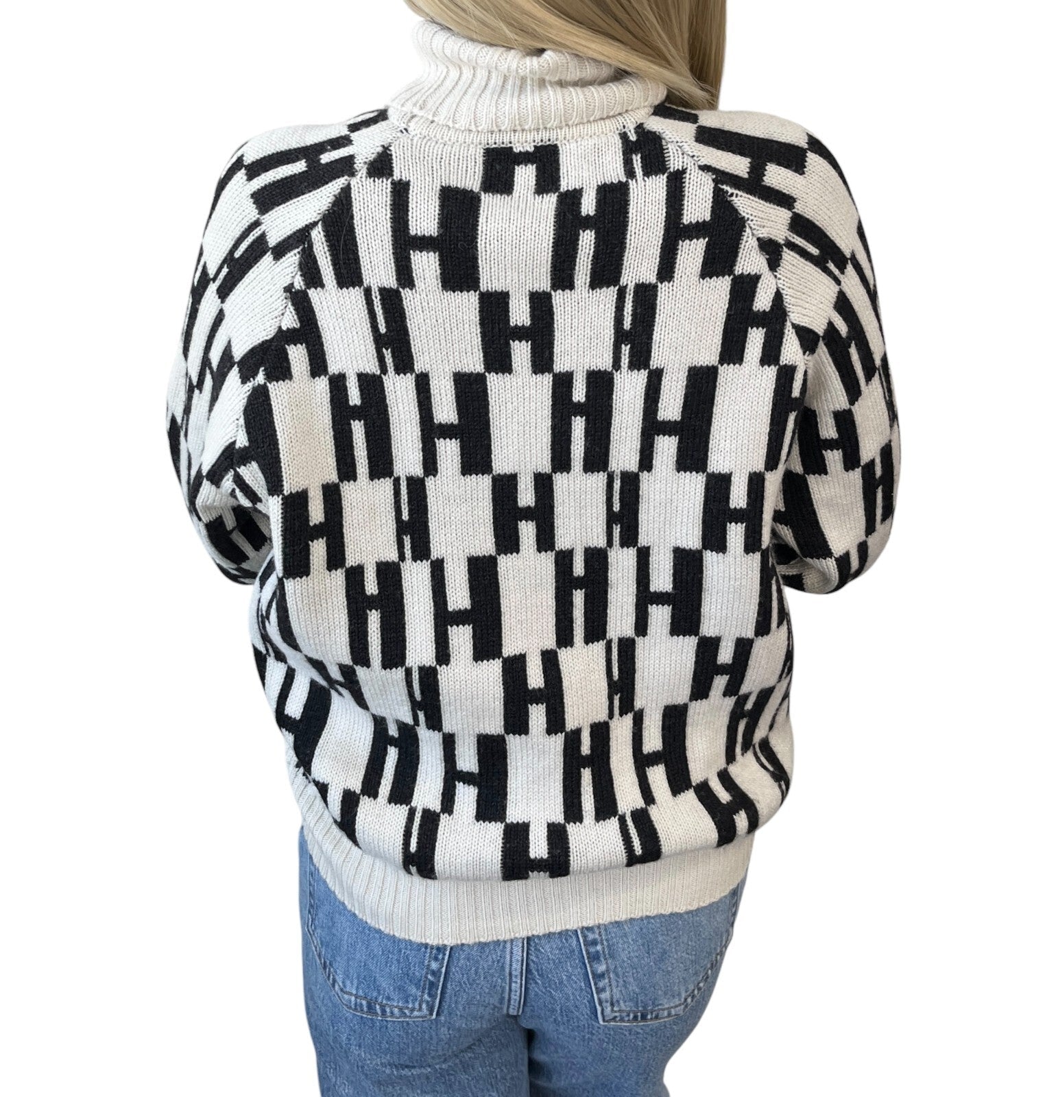 Luxury Promise HERMES Vintage H Monogram Logo Turtleneck Sweater Top #S Cream Black Wool