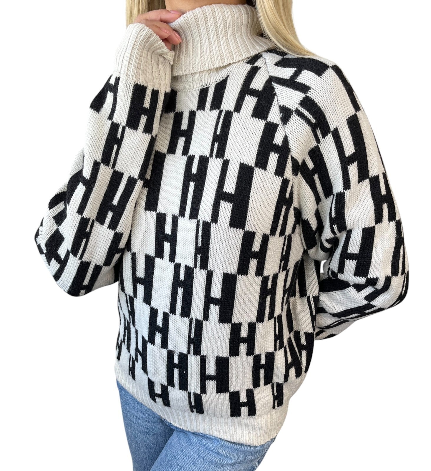 Luxury Promise HERMES Vintage H Monogram Logo Turtleneck Sweater Top #S Cream Black Wool