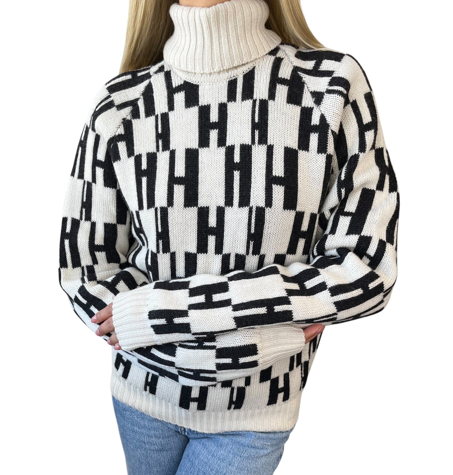 Luxury Promise HERMES Vintage H Monogram Logo Turtleneck Sweater Top #S Cream Black Wool