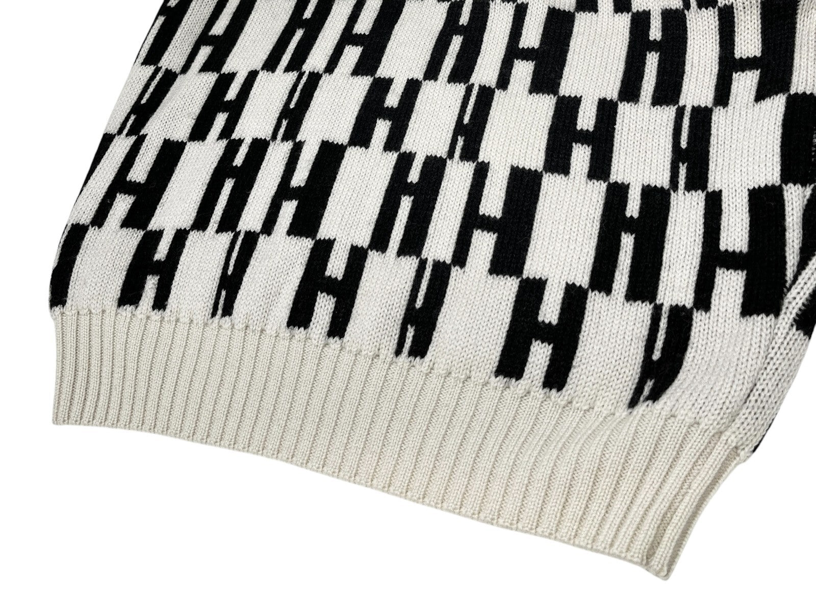 Luxury Promise HERMES Vintage H Monogram Logo Turtleneck Sweater Top #S Cream Black Wool