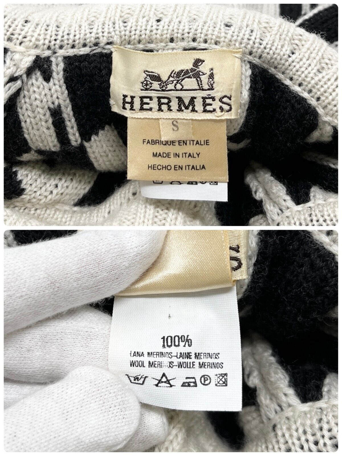 Luxury Promise HERMES Vintage H Monogram Logo Turtleneck Sweater Top #S Cream Black Wool