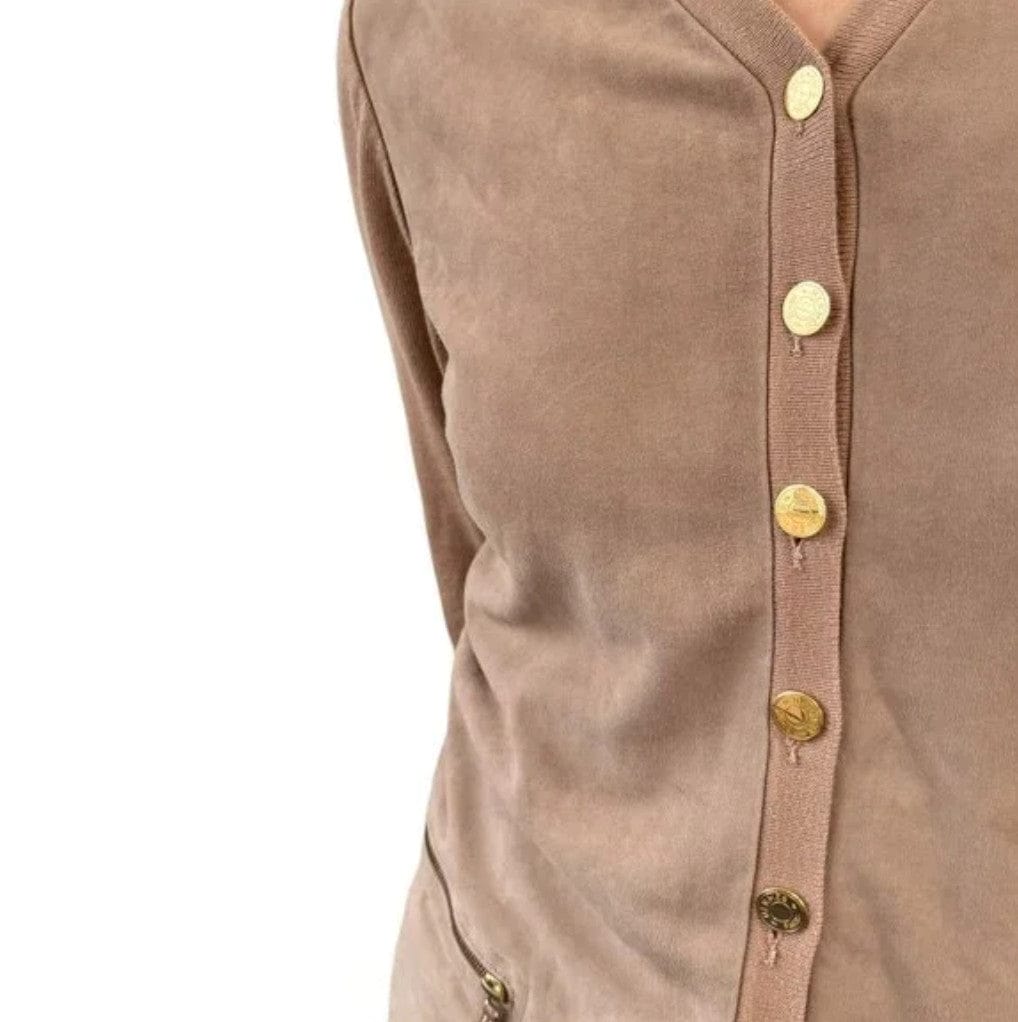 Luxury Promise HERMES Vintage Sellier Button Cardigan #M Light Brown Gold Cotton Nubuck