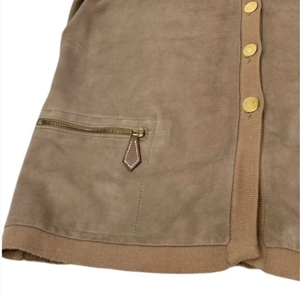 Luxury Promise HERMES Vintage Sellier Button Cardigan #M Light Brown Gold Cotton Nubuck