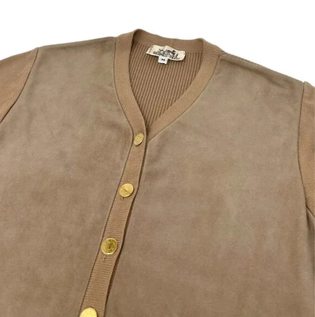 Luxury Promise HERMES Vintage Sellier Button Cardigan #M Light Brown Gold Cotton Nubuck