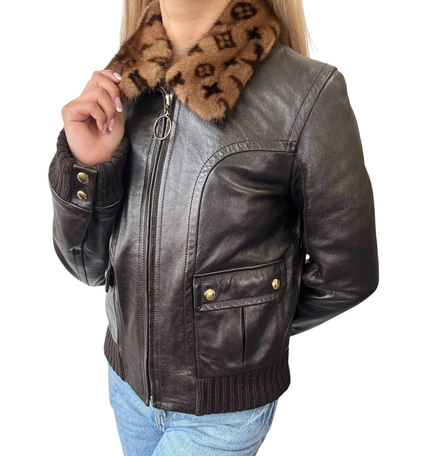 Luxury Promise LOUIS VUITTON Vintage LV Monogram Logo Fur Leather Jacket #36 Zip Brown Gold