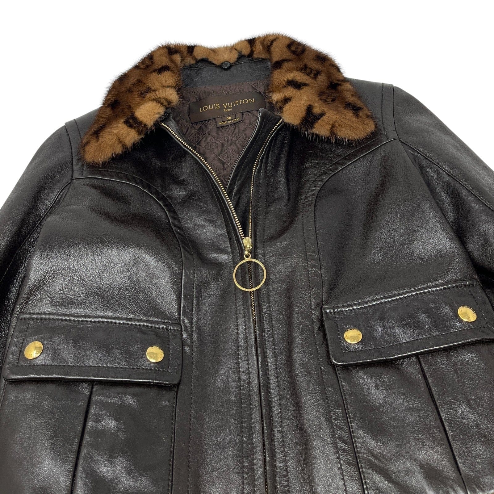 Luxury Promise LOUIS VUITTON Vintage LV Monogram Logo Fur Leather Jacket #36 Zip Brown Gold