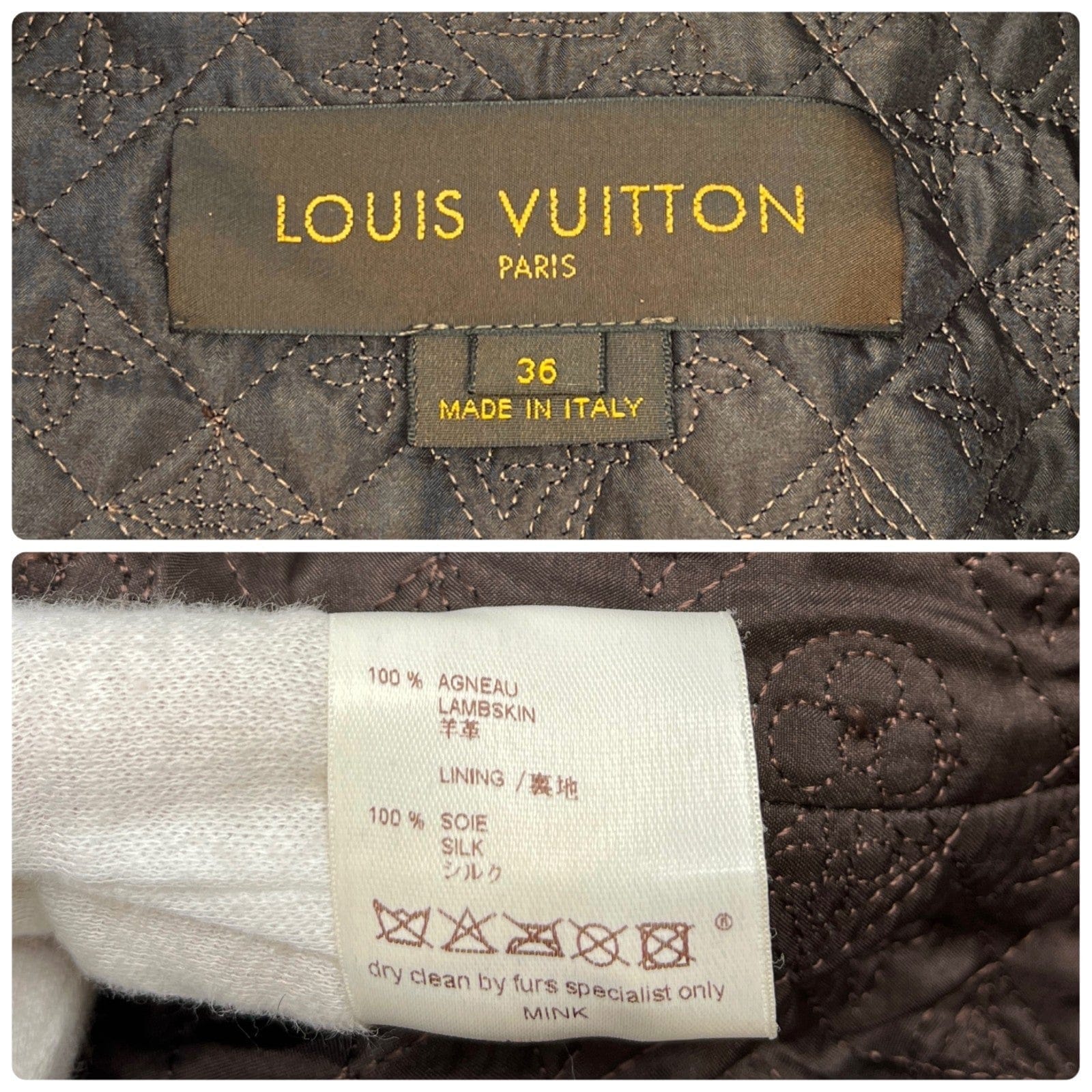 Luxury Promise LOUIS VUITTON Vintage LV Monogram Logo Fur Leather Jacket #36 Zip Brown Gold