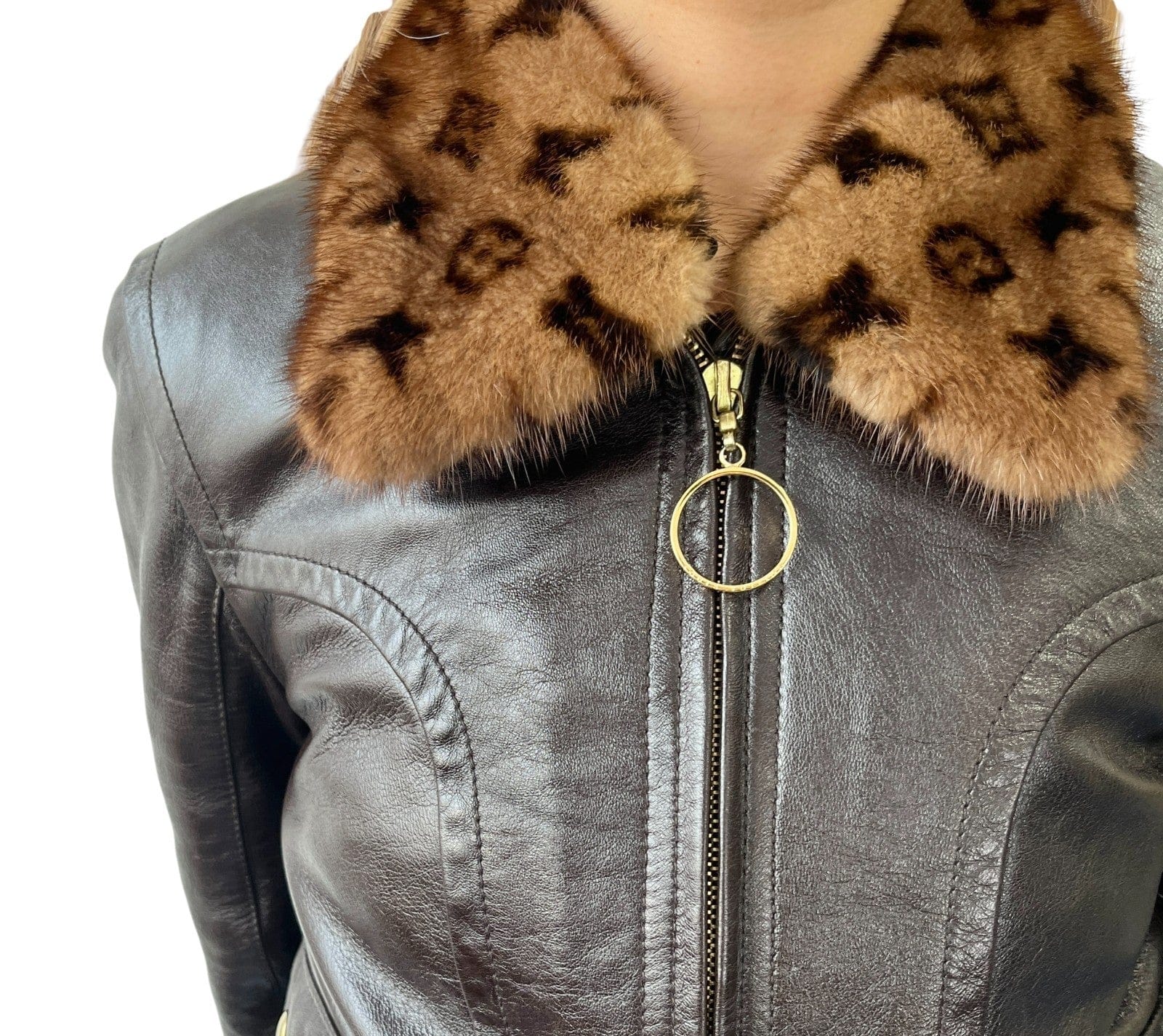 Luxury Promise LOUIS VUITTON Vintage LV Monogram Logo Fur Leather Jacket #36 Zip Brown Gold
