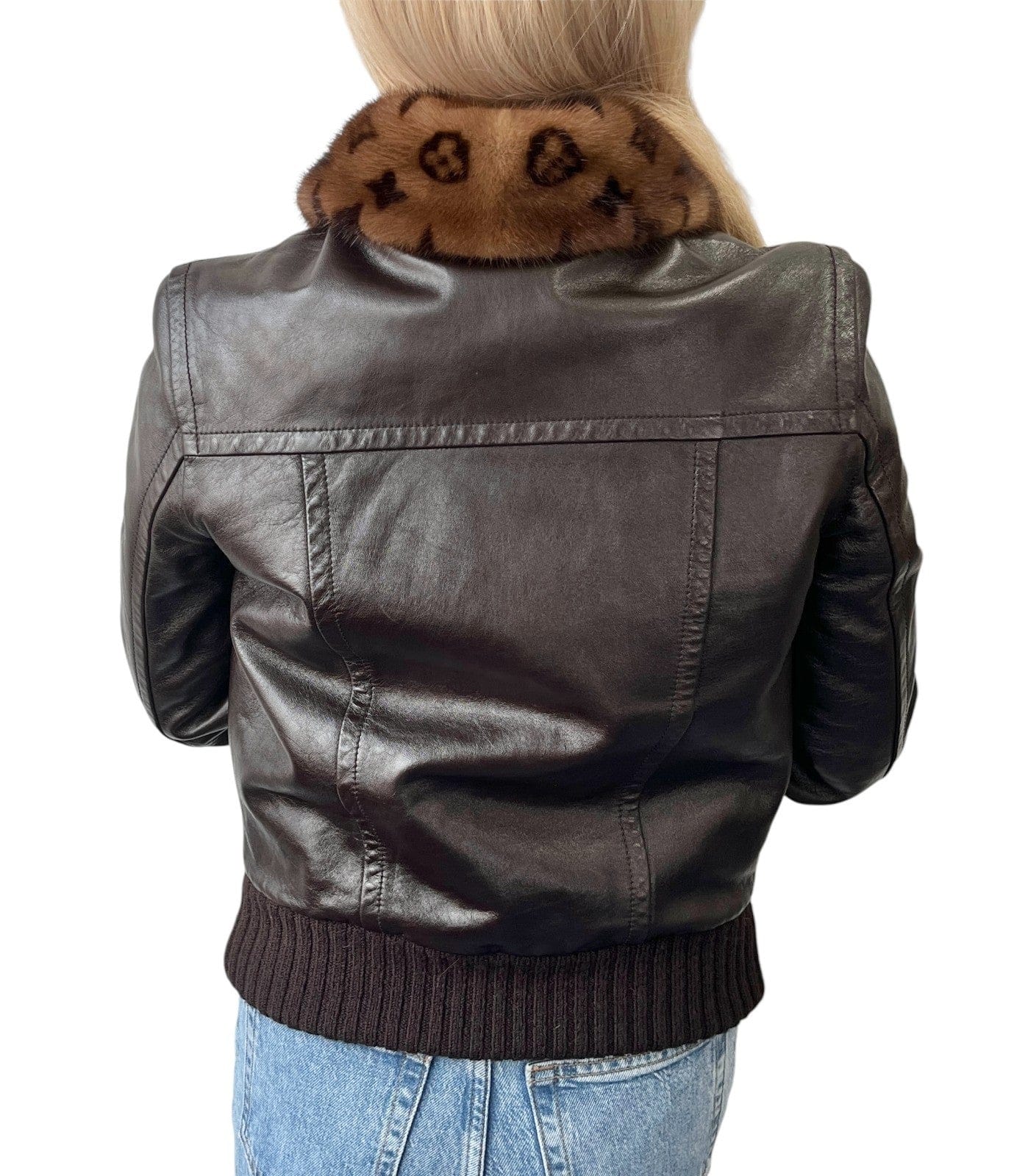 Luxury Promise LOUIS VUITTON Vintage LV Monogram Logo Fur Leather Jacket #36 Zip Brown Gold