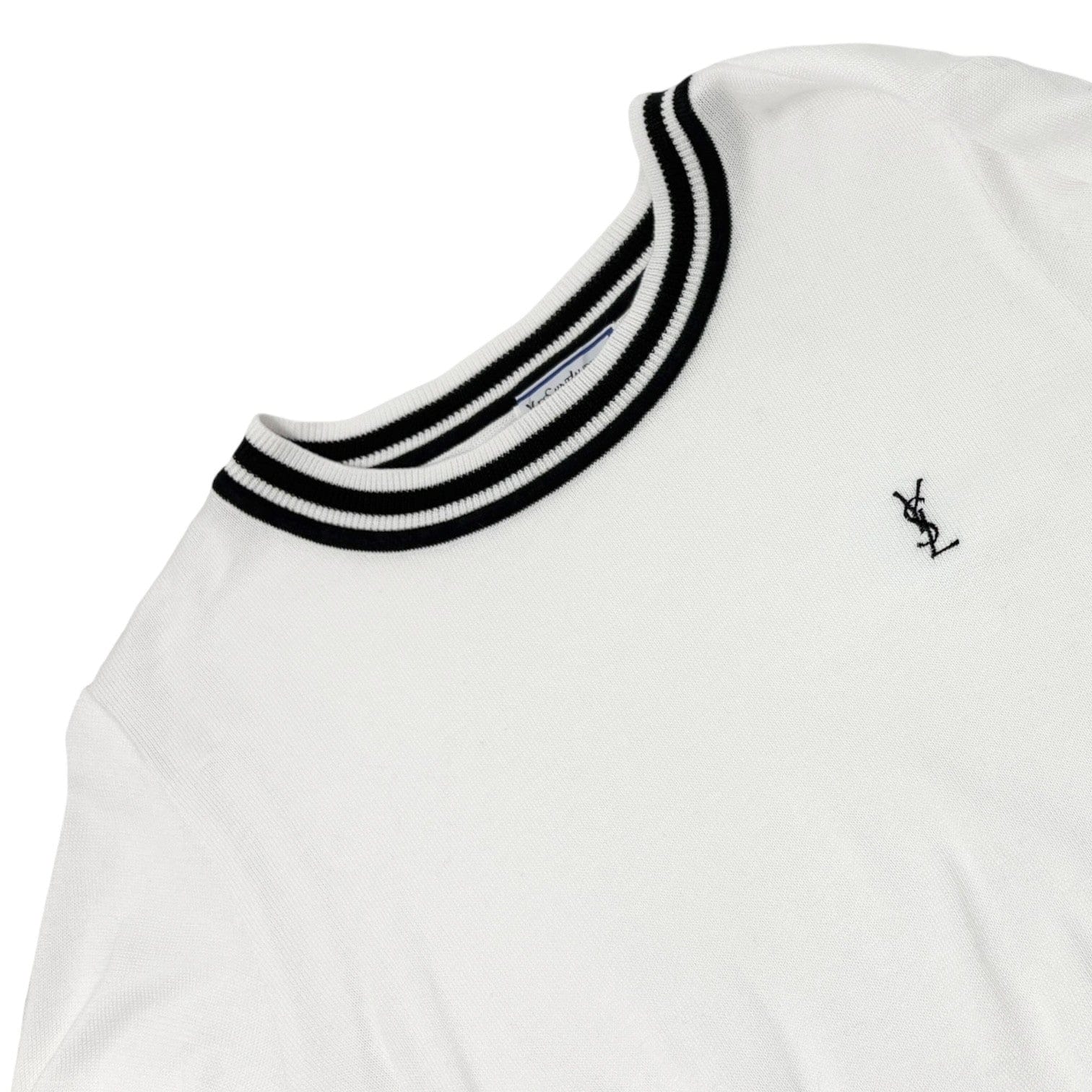 Luxury Promise Yves Saint Laurent Vintage YSL Logo Knit T-shirt Top #M White Black Cotton