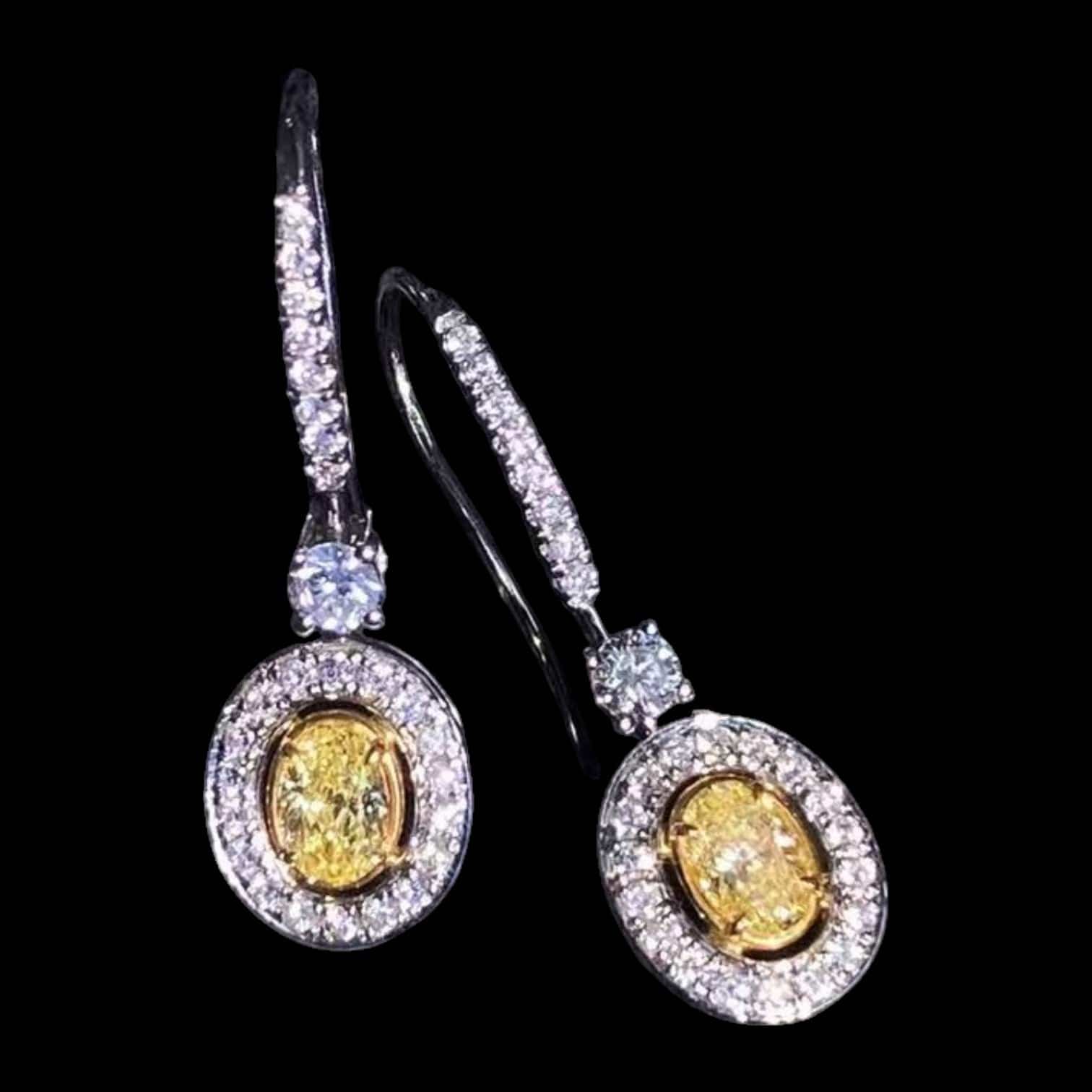 Luxury Promise 0.475ct Yellow Diamond & 0.475ct Natural Diamond Oval Hoop Earrings set in 18K Gold