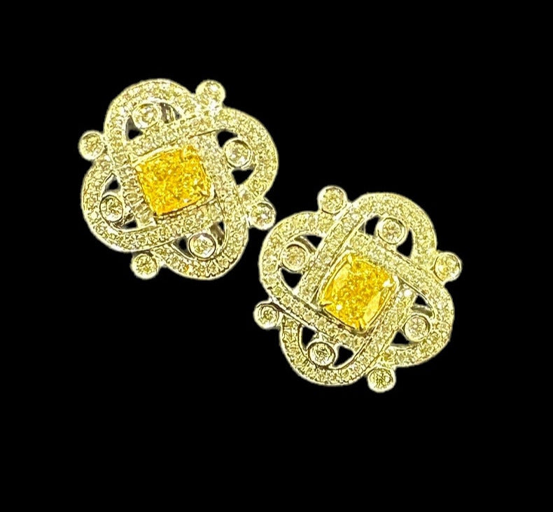 Luxury Promise 0.484ct Yellow Diamond & 0.301ct White Diamond Earrings set in 18K White Gold