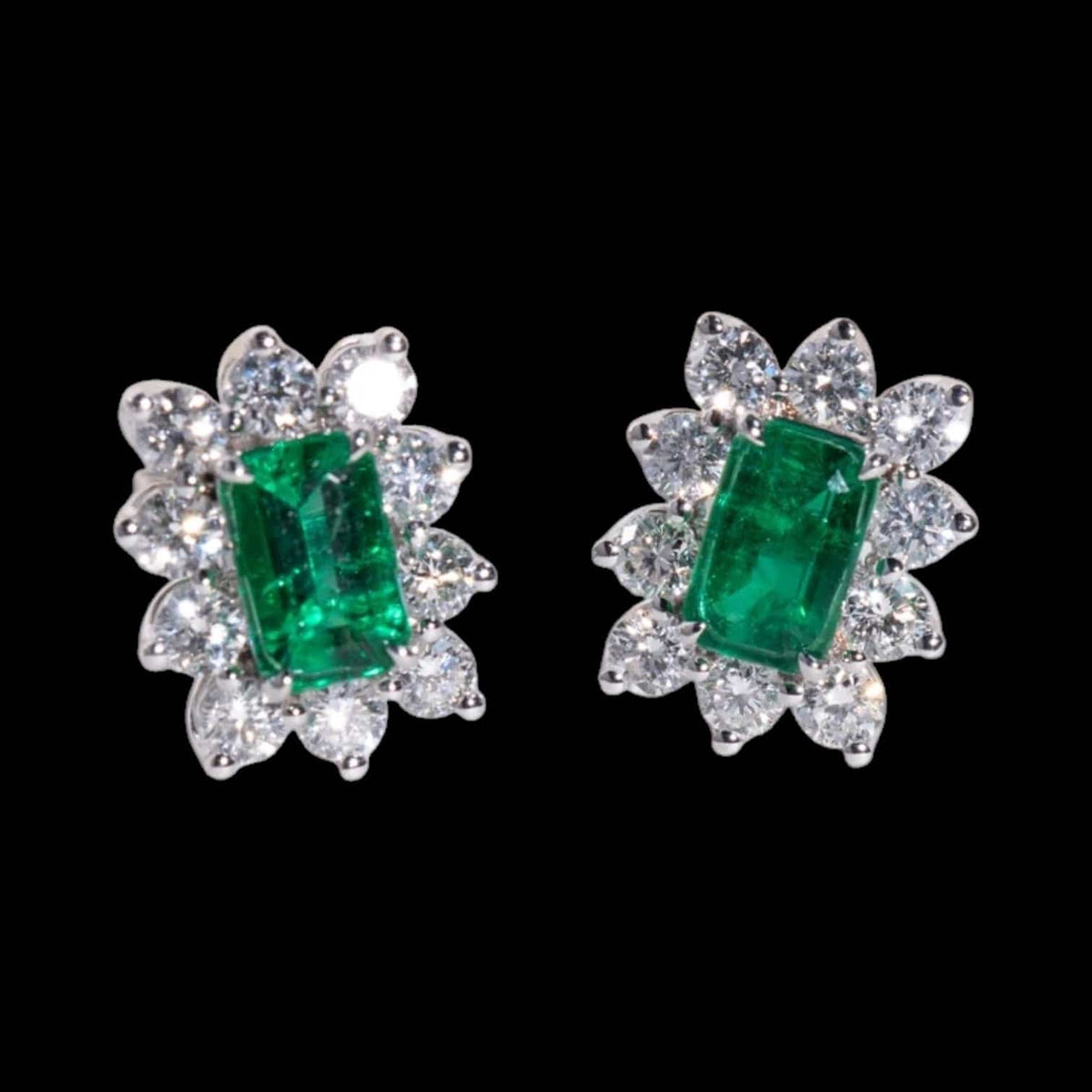 Luxury Promise 1.07ct "Muzo Green"Emerald & 1.00ct Natural White Diamond Earrings set in 18K White Gold