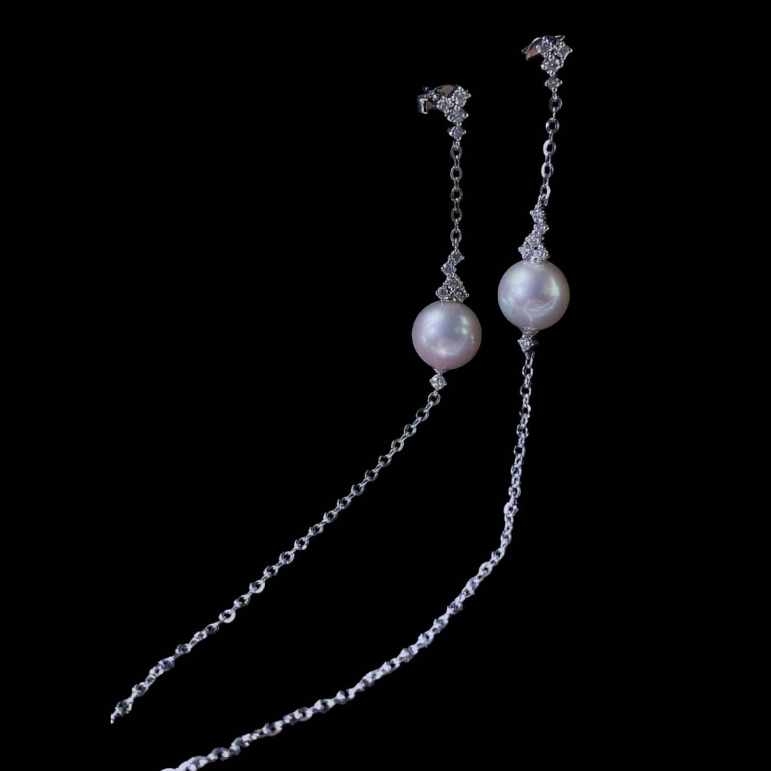 Luxury Promise Akoya Pearl 8.2mm & 0.27ct Diamond Long Tassel Earrings set in 18K White Gold