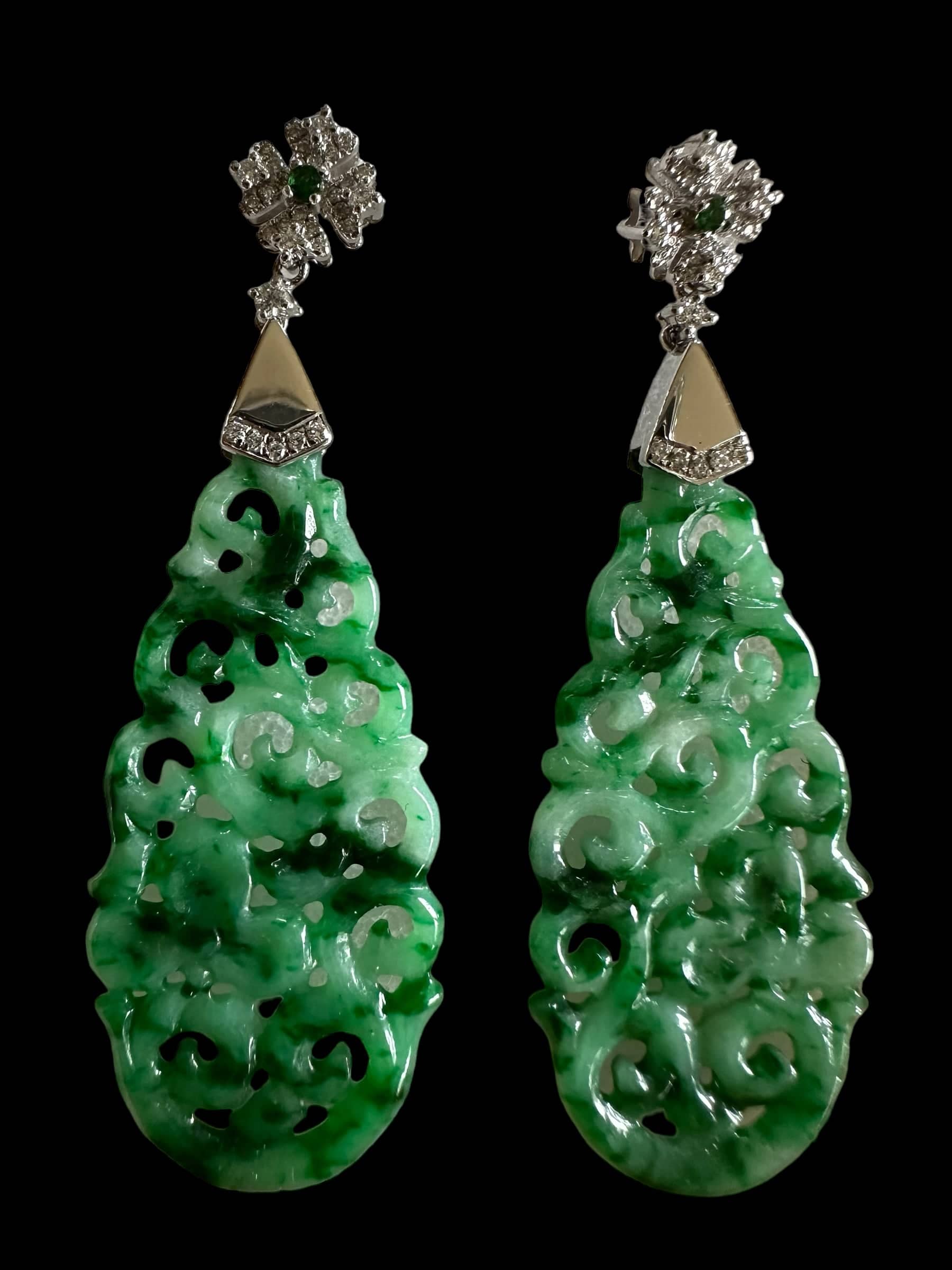 Luxury Promise Dark "A Grade" Jade Drop earrings with Diamonds