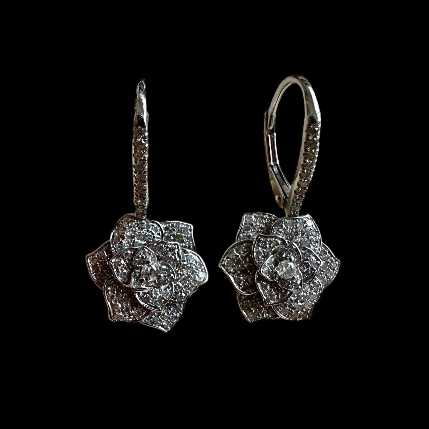 Luxury Promise Diamond Flower Drop Earrings set in 18K White Gold