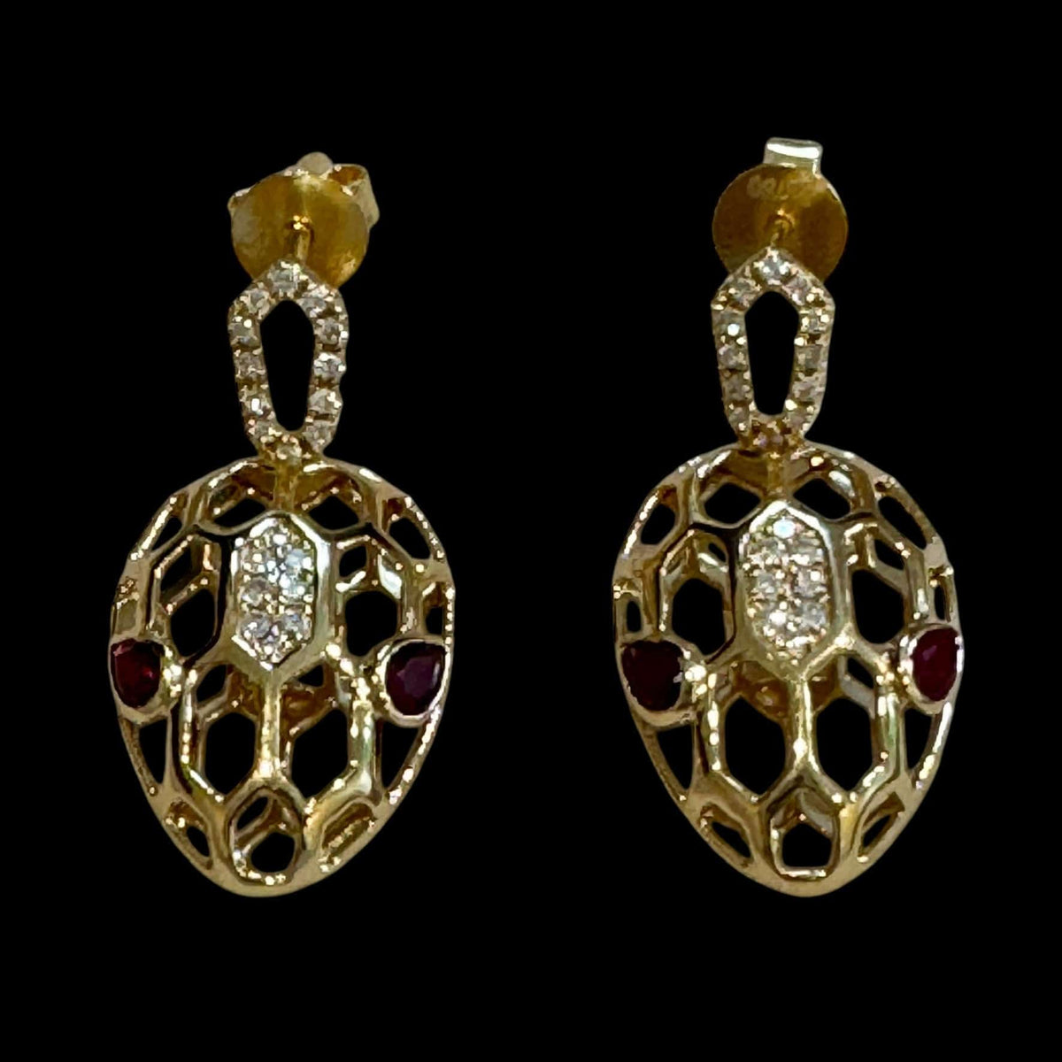Luxury Promise Diamond Serpenti with Ruby Eyes set in 18K Yellow Gold Earrings