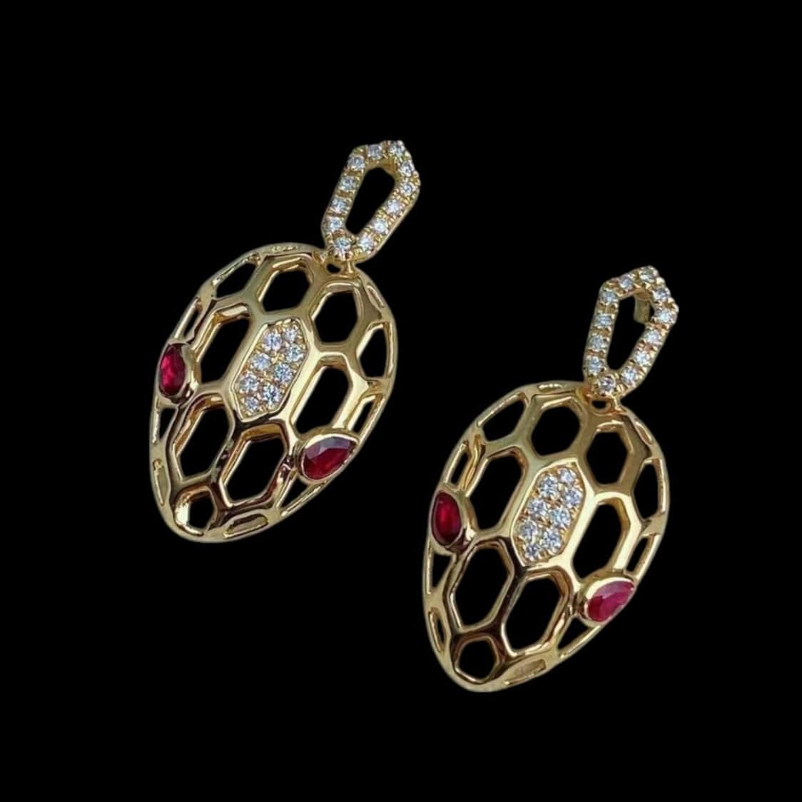 Luxury Promise Diamond Serpenti with Ruby Eyes set in 18K Yellow Gold Earrings