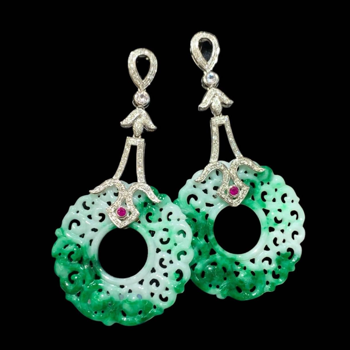 Luxury Promise Green Carved Jade 35.4mm & 0.498ct Ruby Diamond Earrings set in 18K White Gold